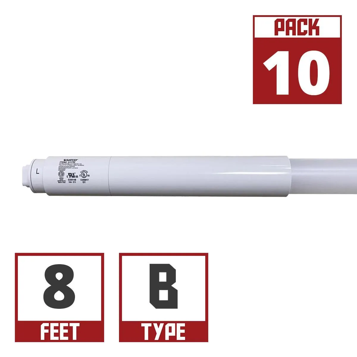 10 Pack - 8ft T8 LED Bulb, 5500lm, 40K|50K|65K, R17D Base, Ballast Bypass, Single|Dual End