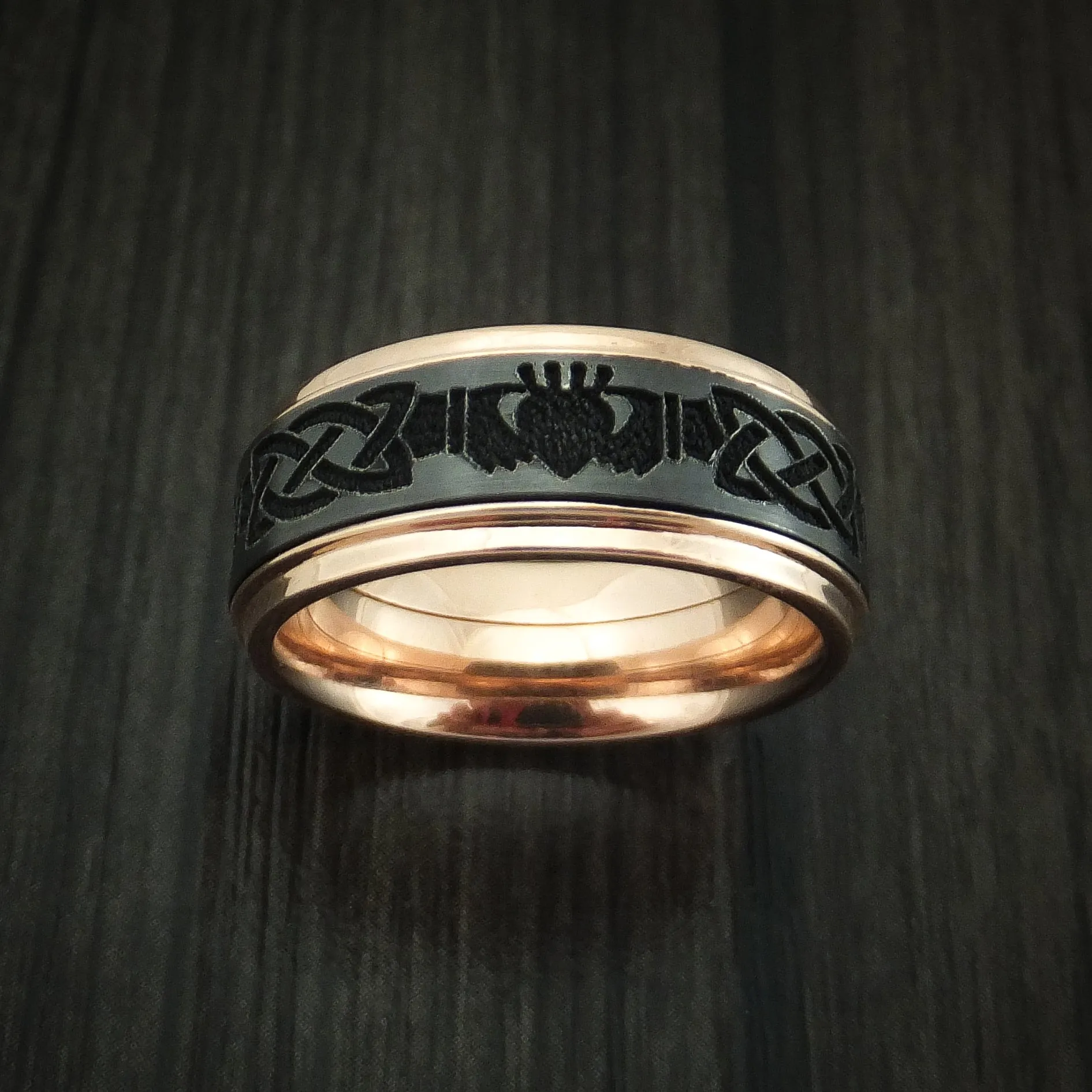 14K Rose Gold and Black Zirconium Celtic Claddagh Band Custom Made Men's Ring