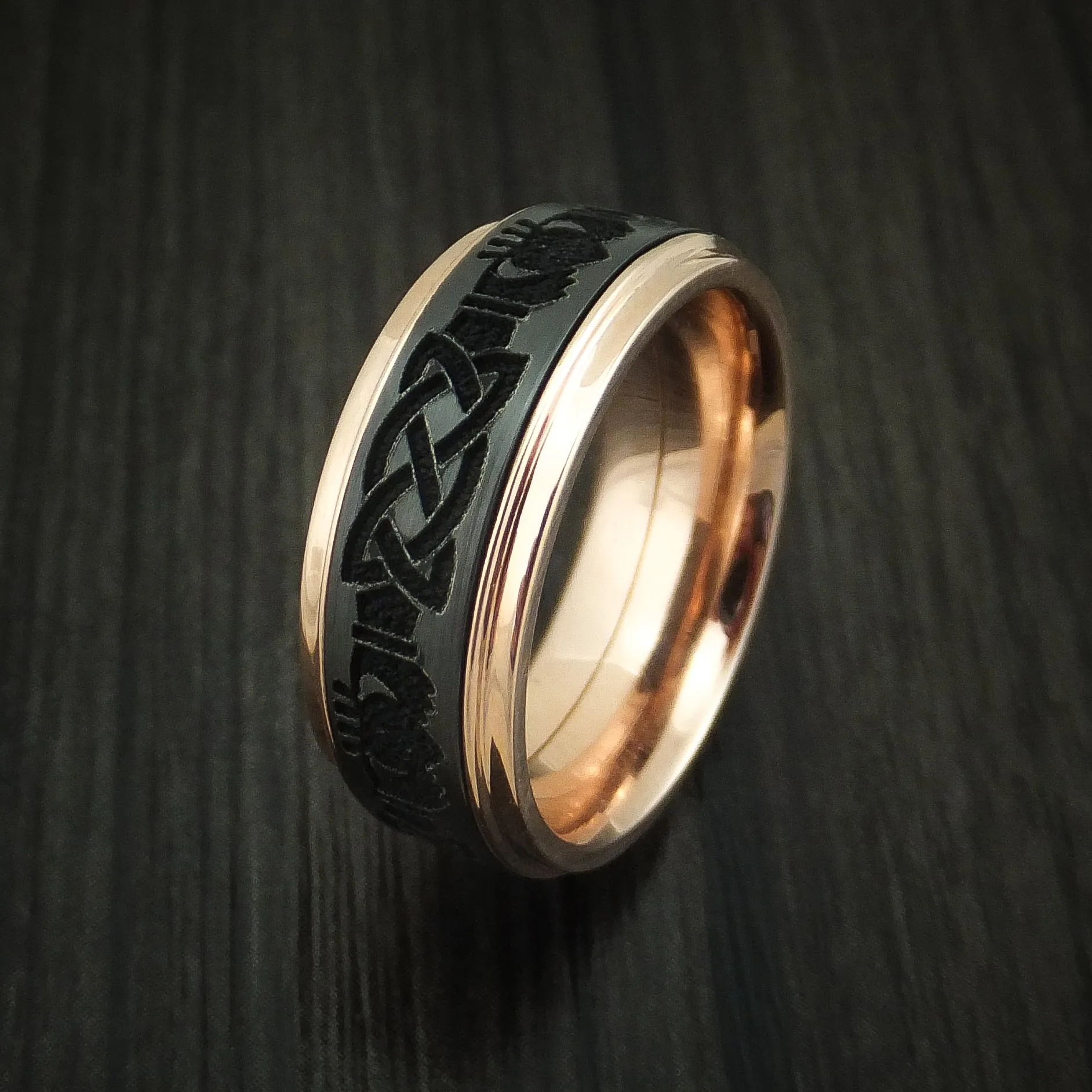 14K Rose Gold and Black Zirconium Celtic Claddagh Band Custom Made Men's Ring