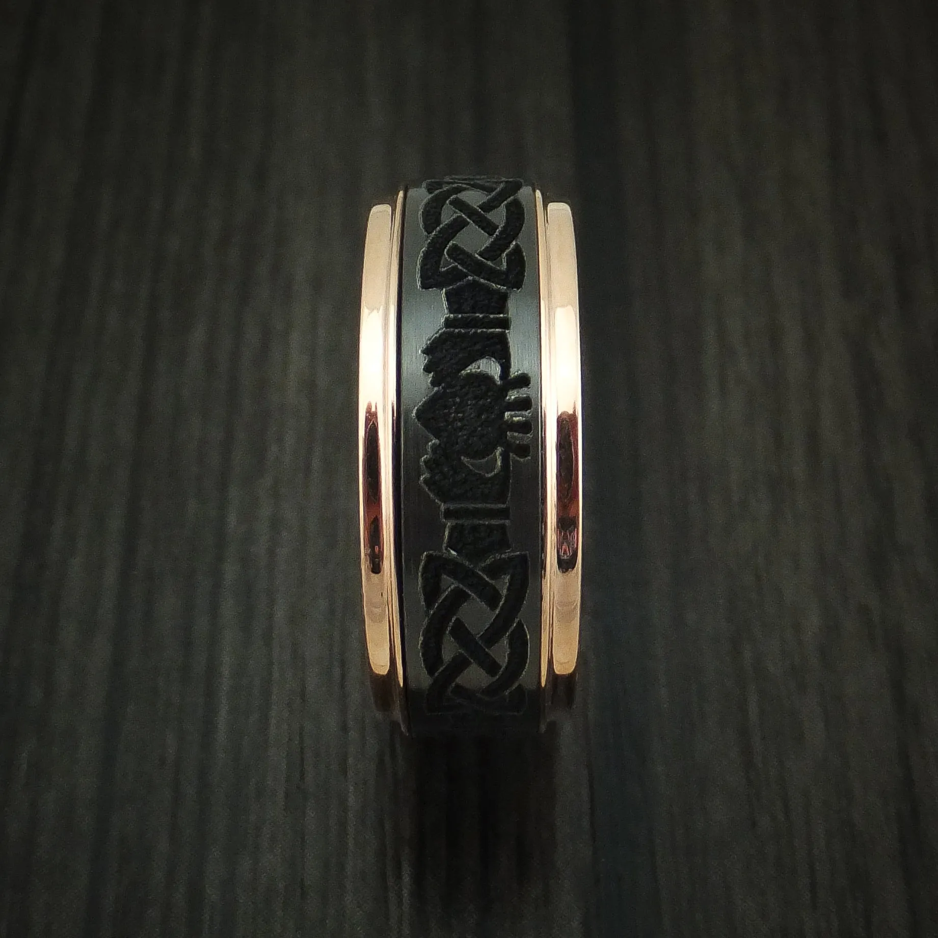 14K Rose Gold and Black Zirconium Celtic Claddagh Band Custom Made Men's Ring