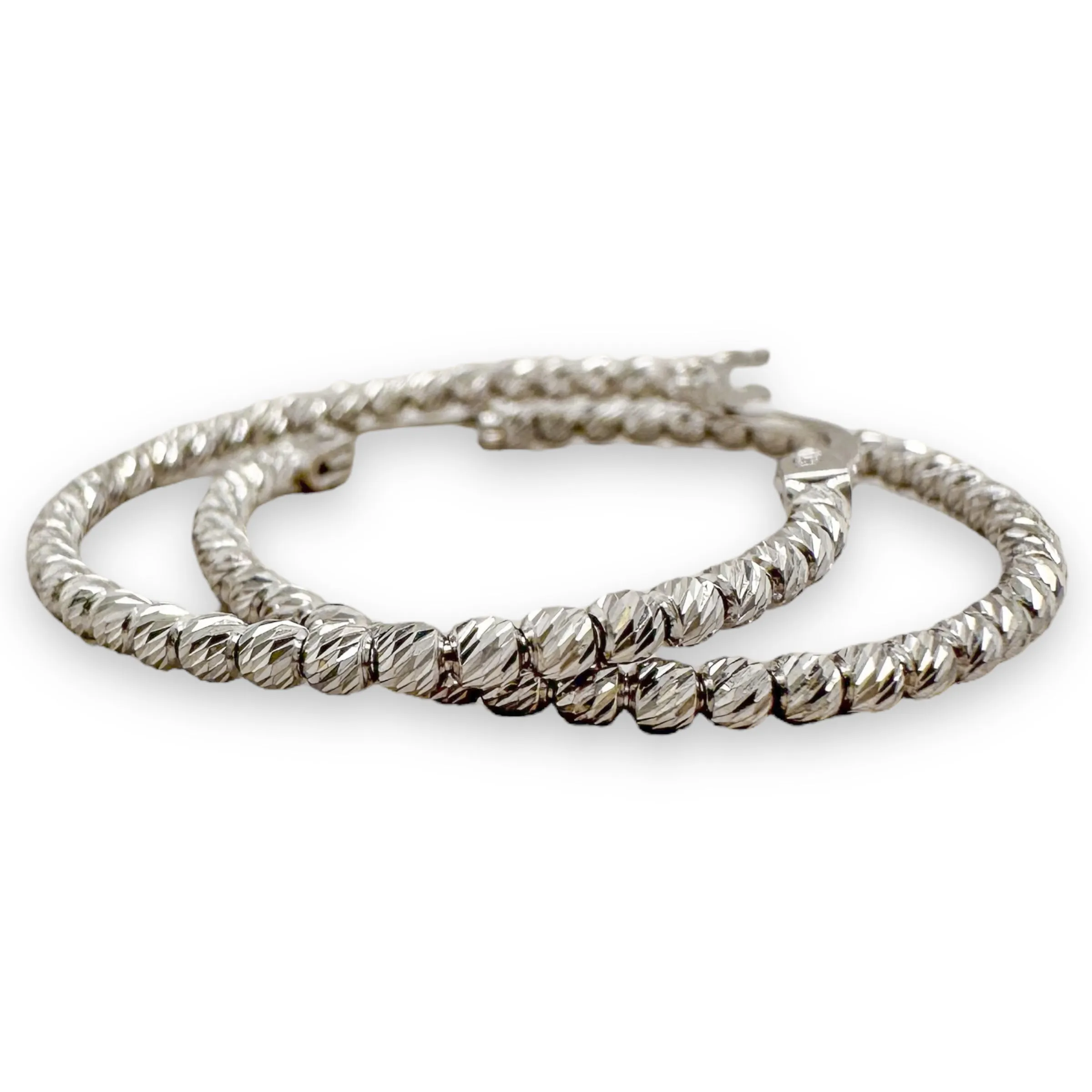 14K W Gold 29mm Dia Cut Beaded Hoop Earrings