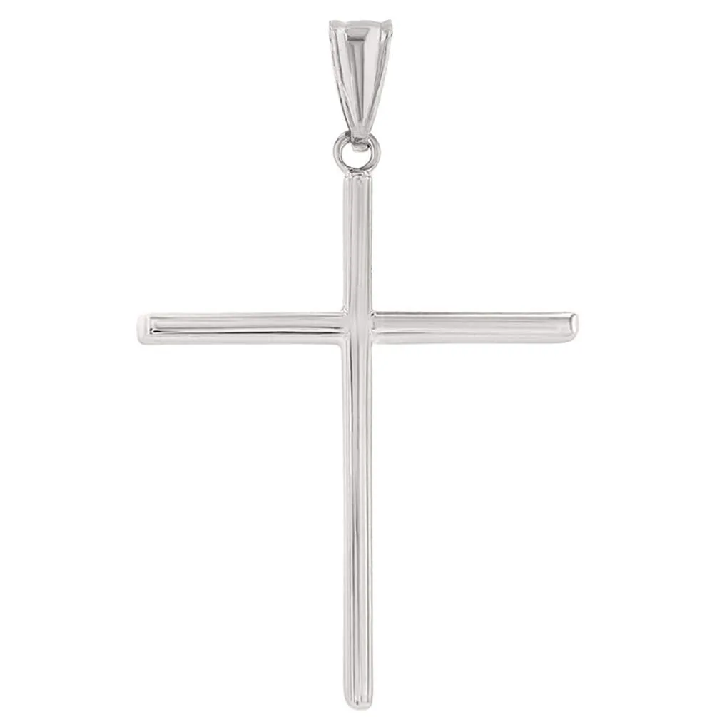 14K White Gold Plain Slender Large Cross Pendant with High Polish