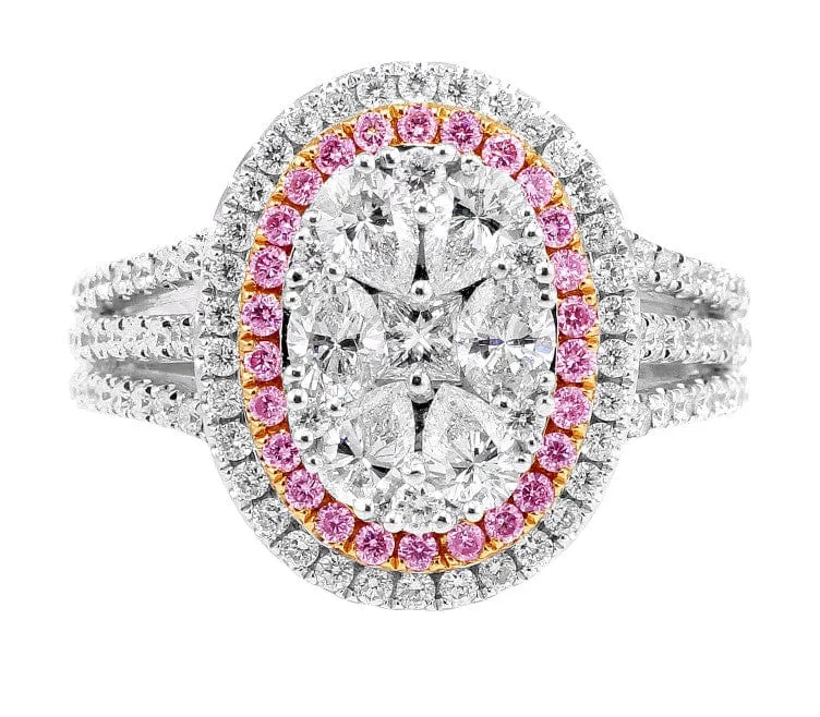 18k White Rose Gold Pink and White Diamond Oval Cluster Ring