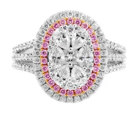 18k White Rose Gold Pink and White Diamond Oval Cluster Ring