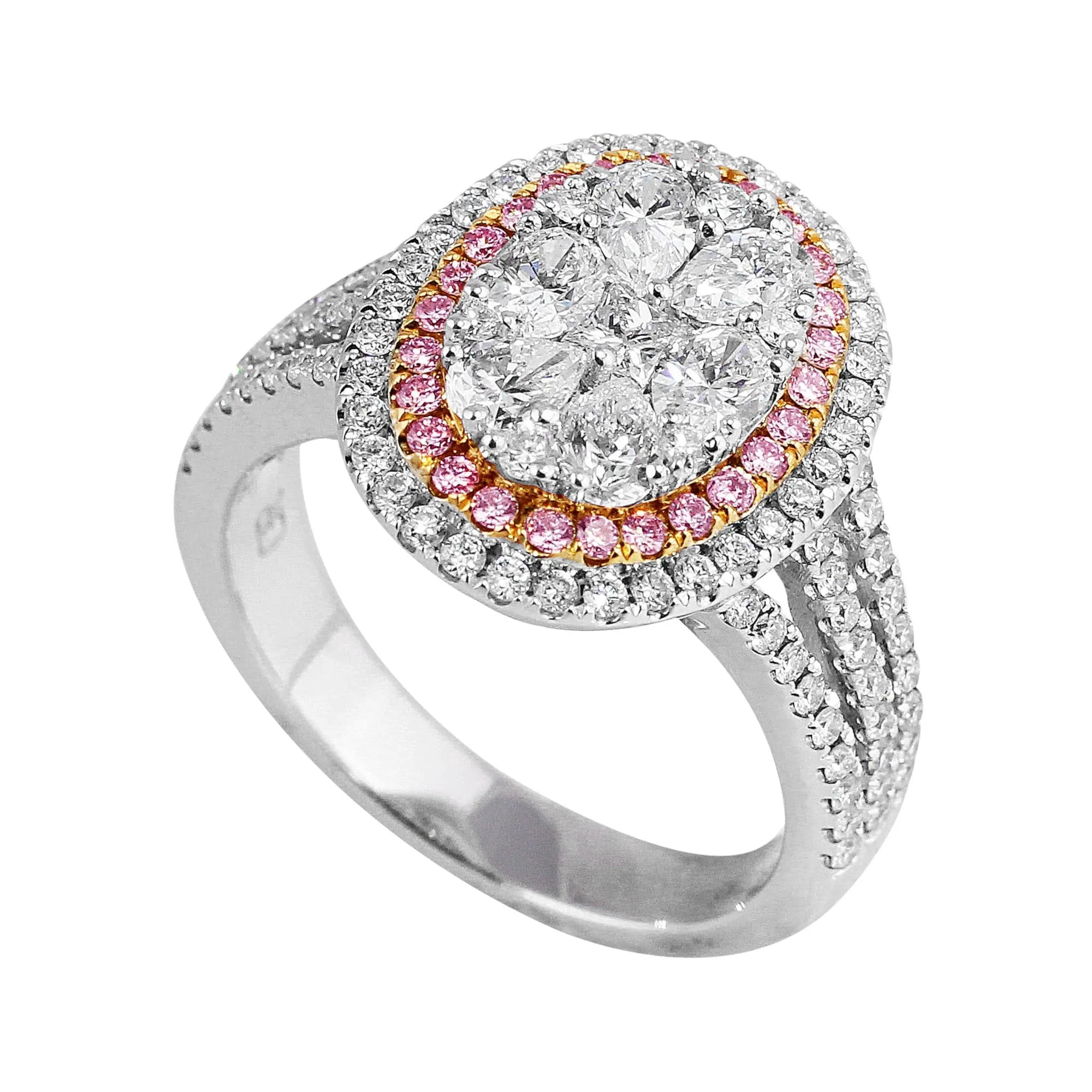 18k White Rose Gold Pink and White Diamond Oval Cluster Ring