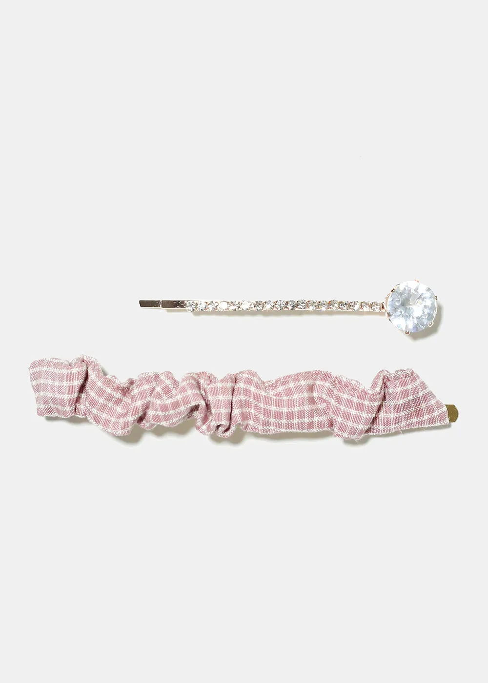 2 Piece Plaid & Gemstone Hair Pins