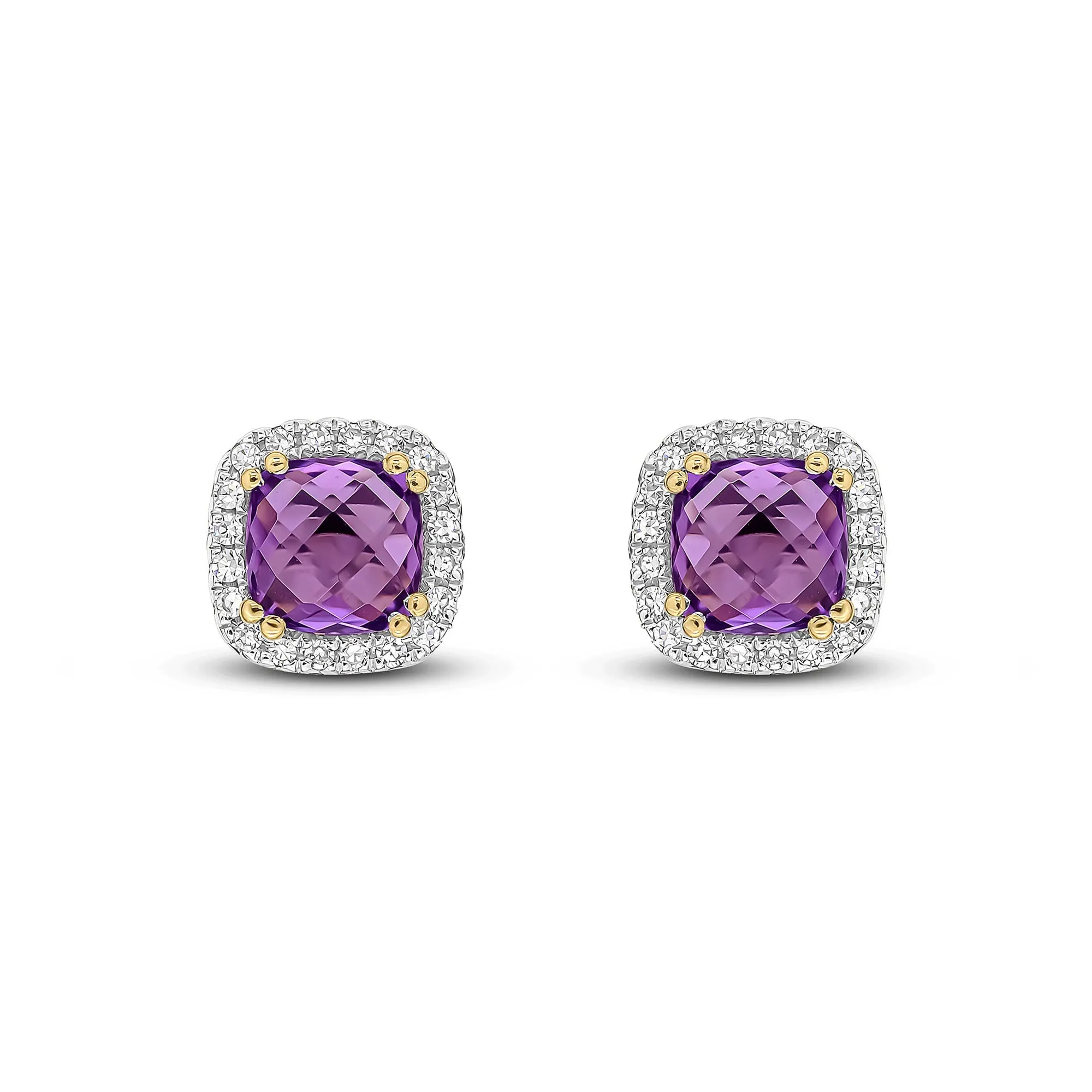 9ct Yellow Gold Cushion Amethyst & Diamond Cluster Earrings 1.32ct