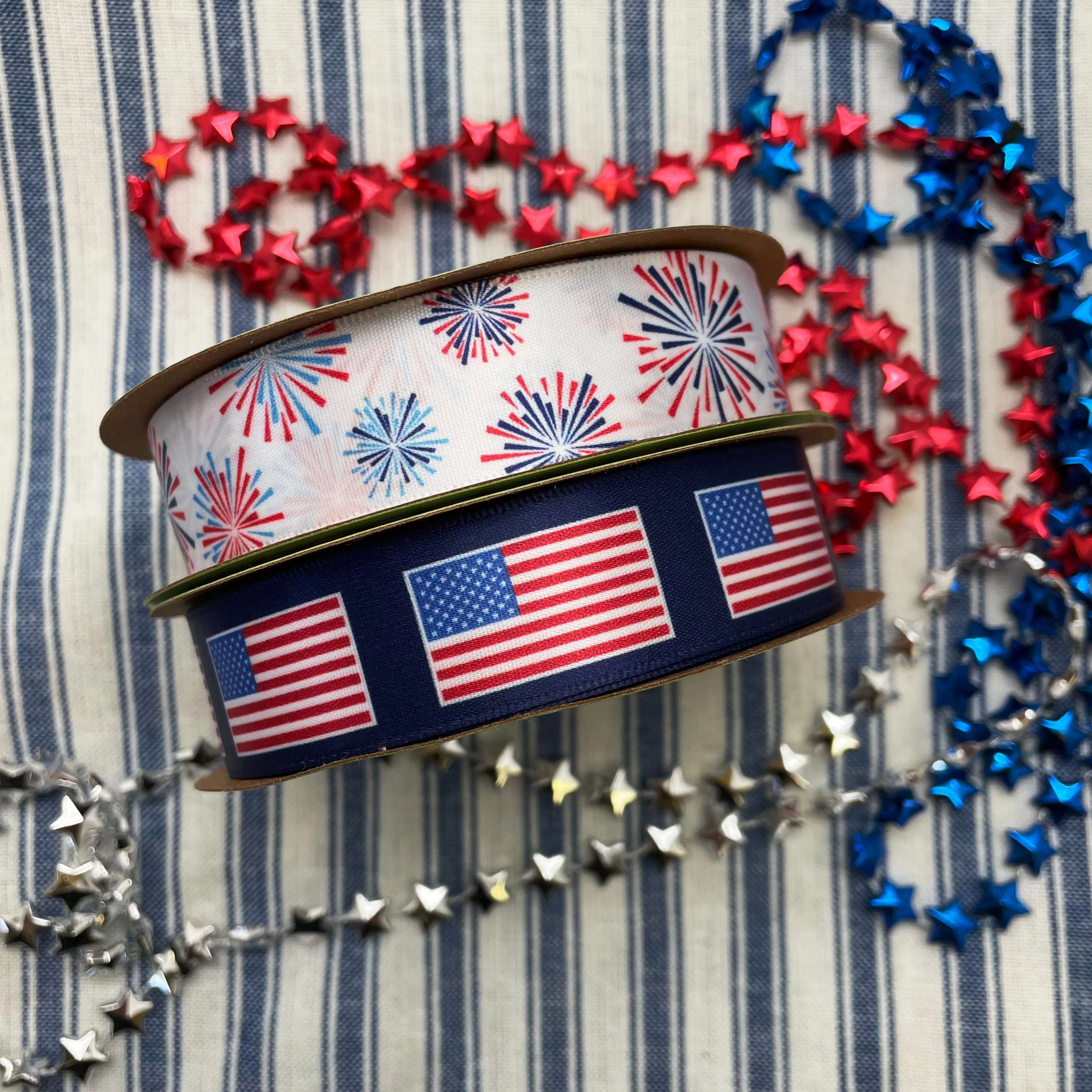 American Flag Ribbon celebrating the Stars and Stripes for 4th of July printed on 1.5" white satin