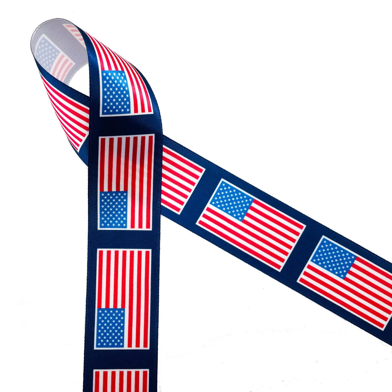 American Flag Ribbon celebrating the Stars and Stripes for 4th of July printed on 1.5" white satin