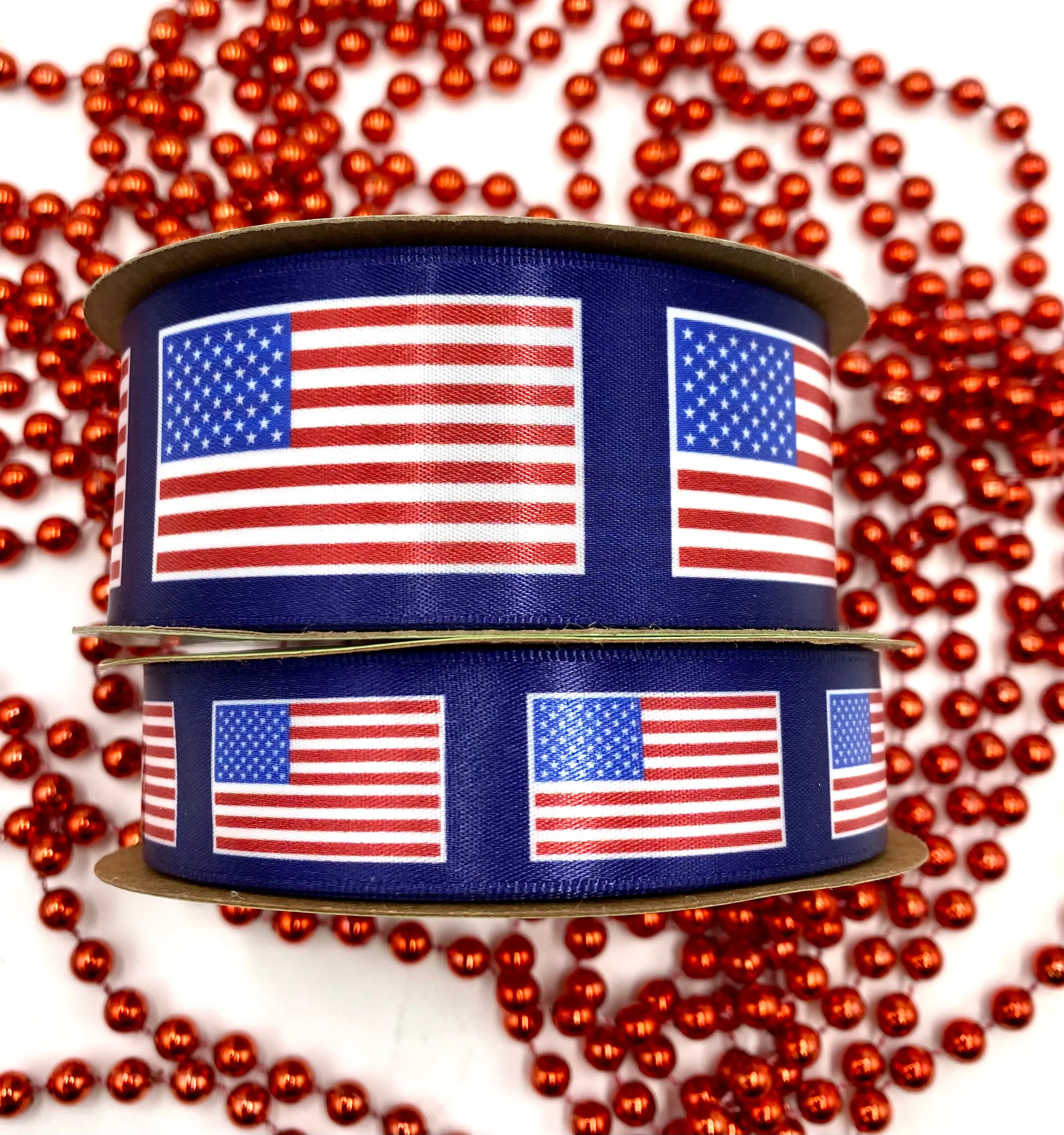 American Flag Ribbon celebrating the Stars and Stripes for 4th of July printed on 1.5" white satin