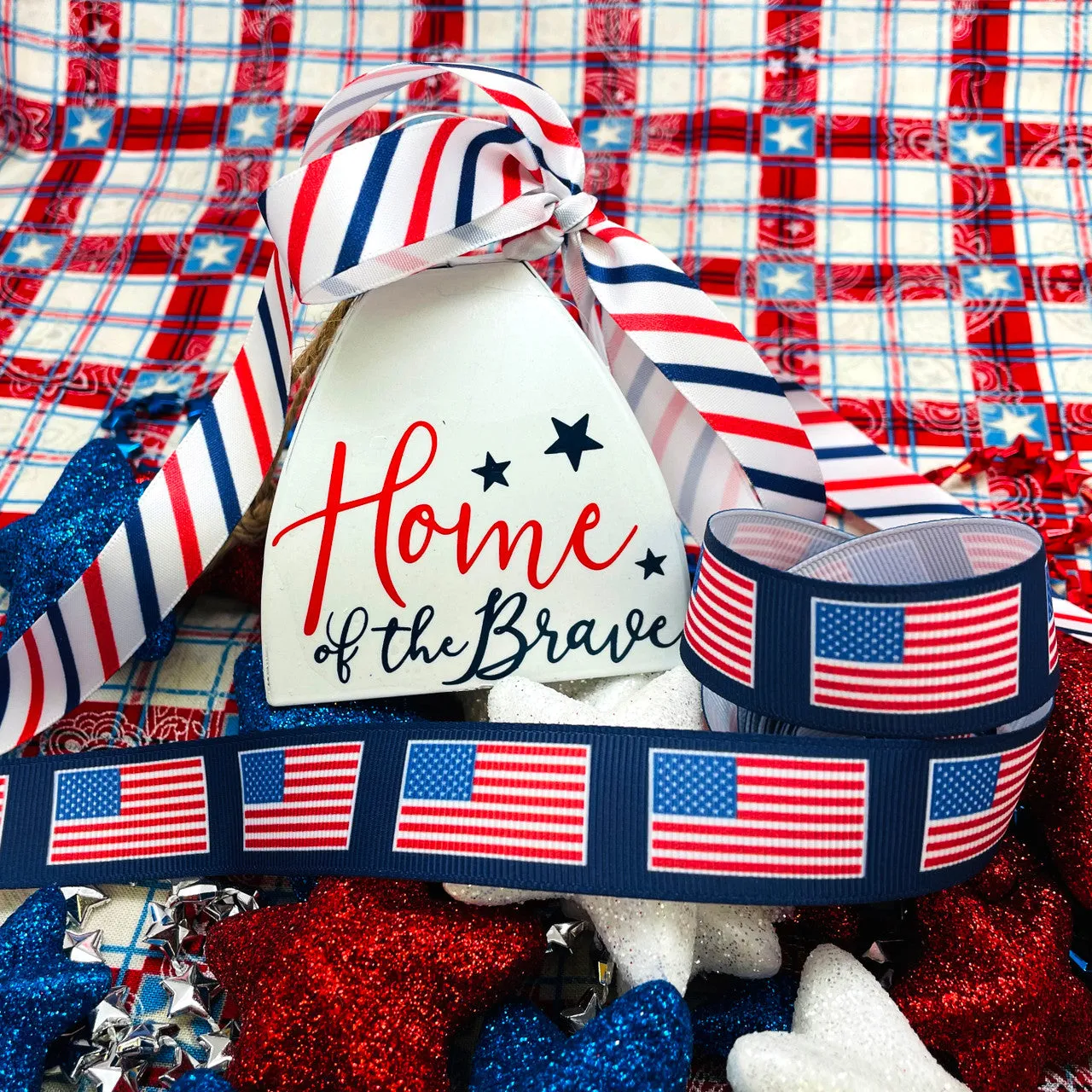American Flag Ribbon printed on 7/8" white grosgrain
