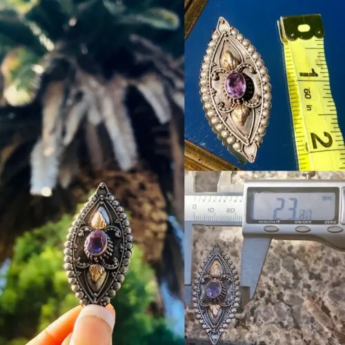 Antique Art Nouveau Deco Amethyst Sterling Silver 18k Gold Accents Pin Earrings