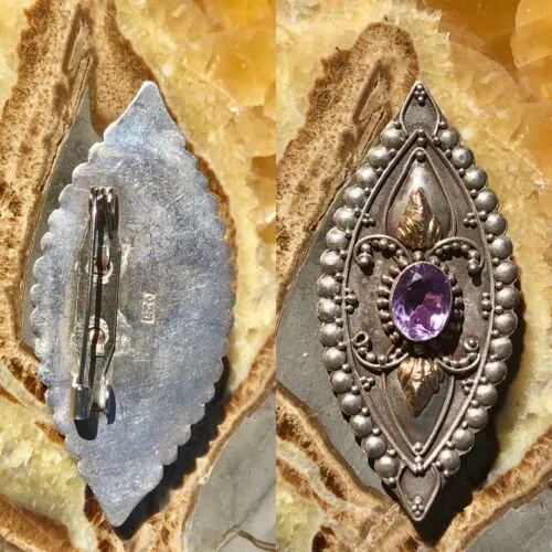 Antique Art Nouveau Deco Amethyst Sterling Silver 18k Gold Accents Pin Earrings