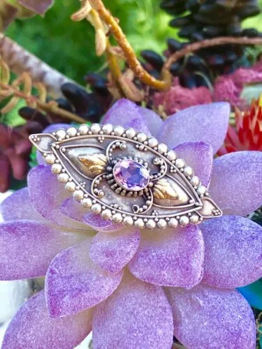 Antique Art Nouveau Deco Amethyst Sterling Silver 18k Gold Accents Pin Earrings