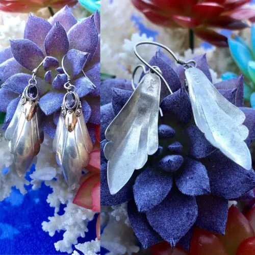 Antique Art Nouveau Deco Amethyst Sterling Silver 18k Gold Accents Pin Earrings