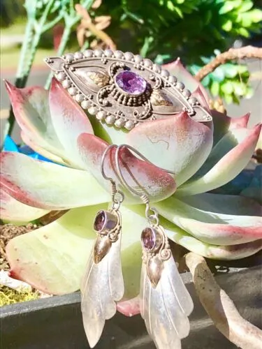 Antique Art Nouveau Deco Amethyst Sterling Silver 18k Gold Accents Pin Earrings