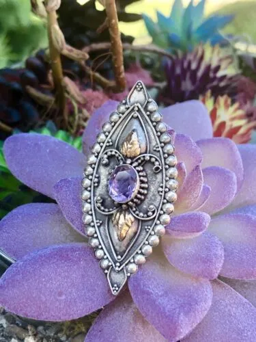 Antique Art Nouveau Deco Amethyst Sterling Silver 18k Gold Accents Pin Earrings