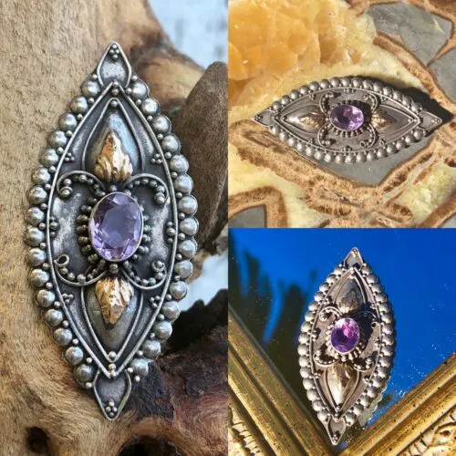 Antique Art Nouveau Deco Amethyst Sterling Silver 18k Gold Accents Pin Earrings