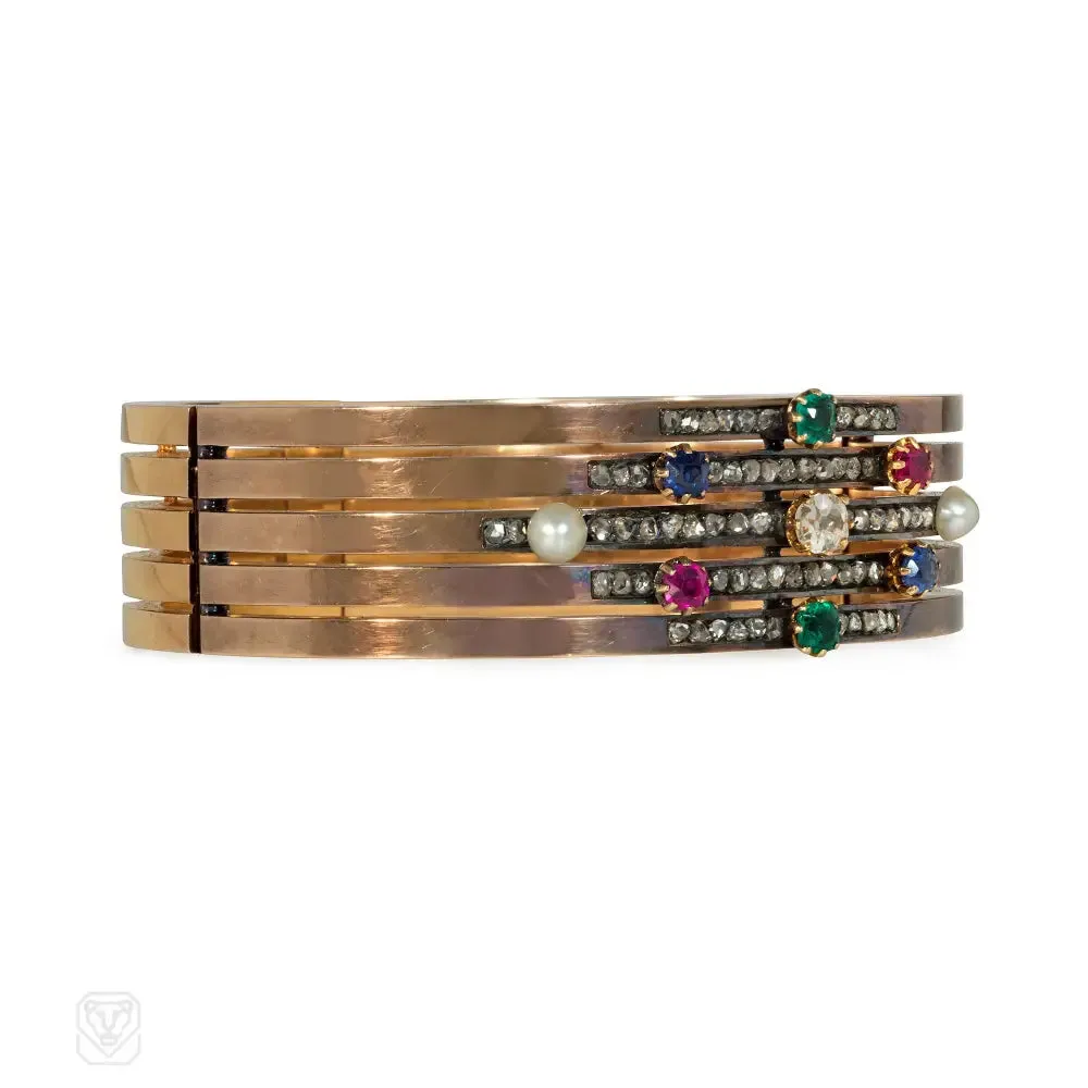Antique multigem banded cuff bracelet in patinated gold