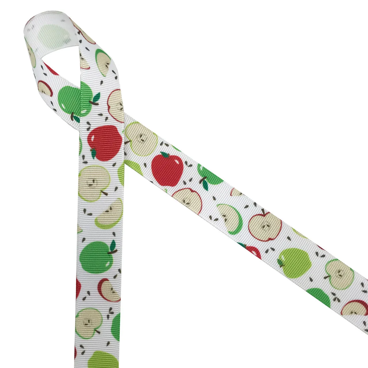 Apples Ribbon, red and green with brown seeds on 7/8" and 1.5" white grosgrain