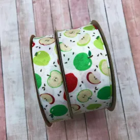 Apples Ribbon, red and green with brown seeds on 7/8" and 1.5" white grosgrain
