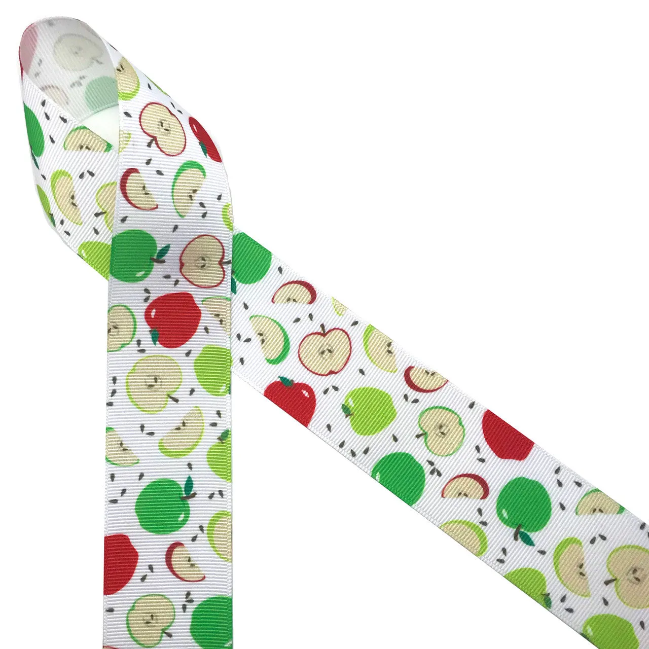 Apples Ribbon, red and green with brown seeds on 7/8" and 1.5" white grosgrain