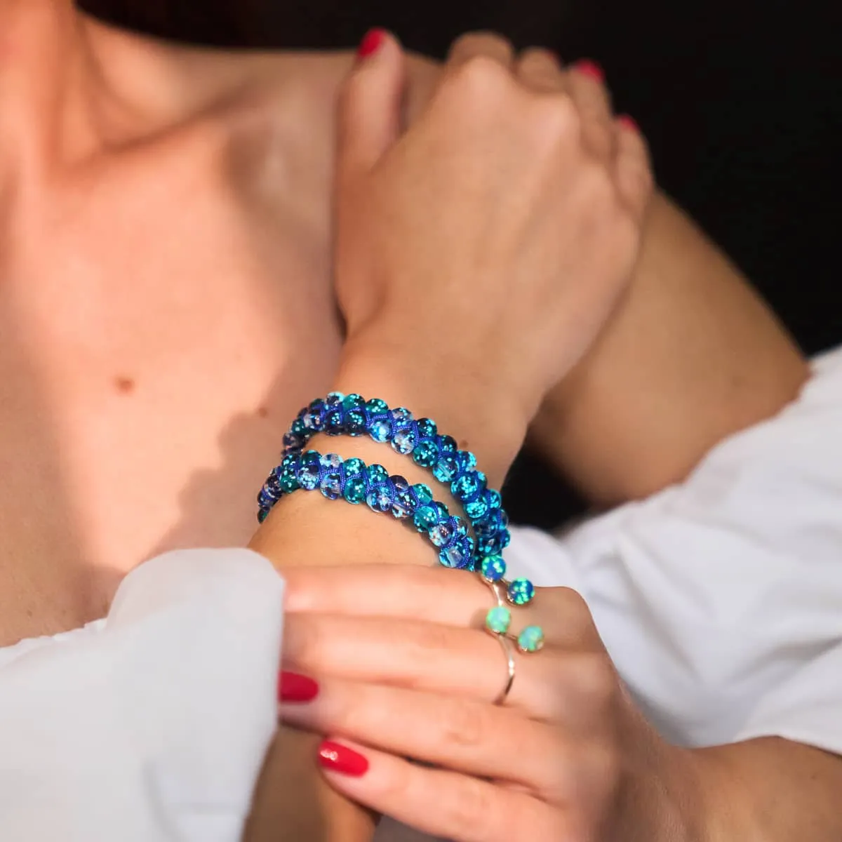 Stunning Aquamarine Flame & Lapis Flame Double Firefly Glass Bracelet – Elegant and Unique Design