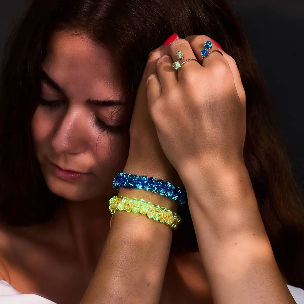 Stunning Aquamarine Flame & Lapis Flame Double Firefly Glass Bracelet – Elegant and Unique Design