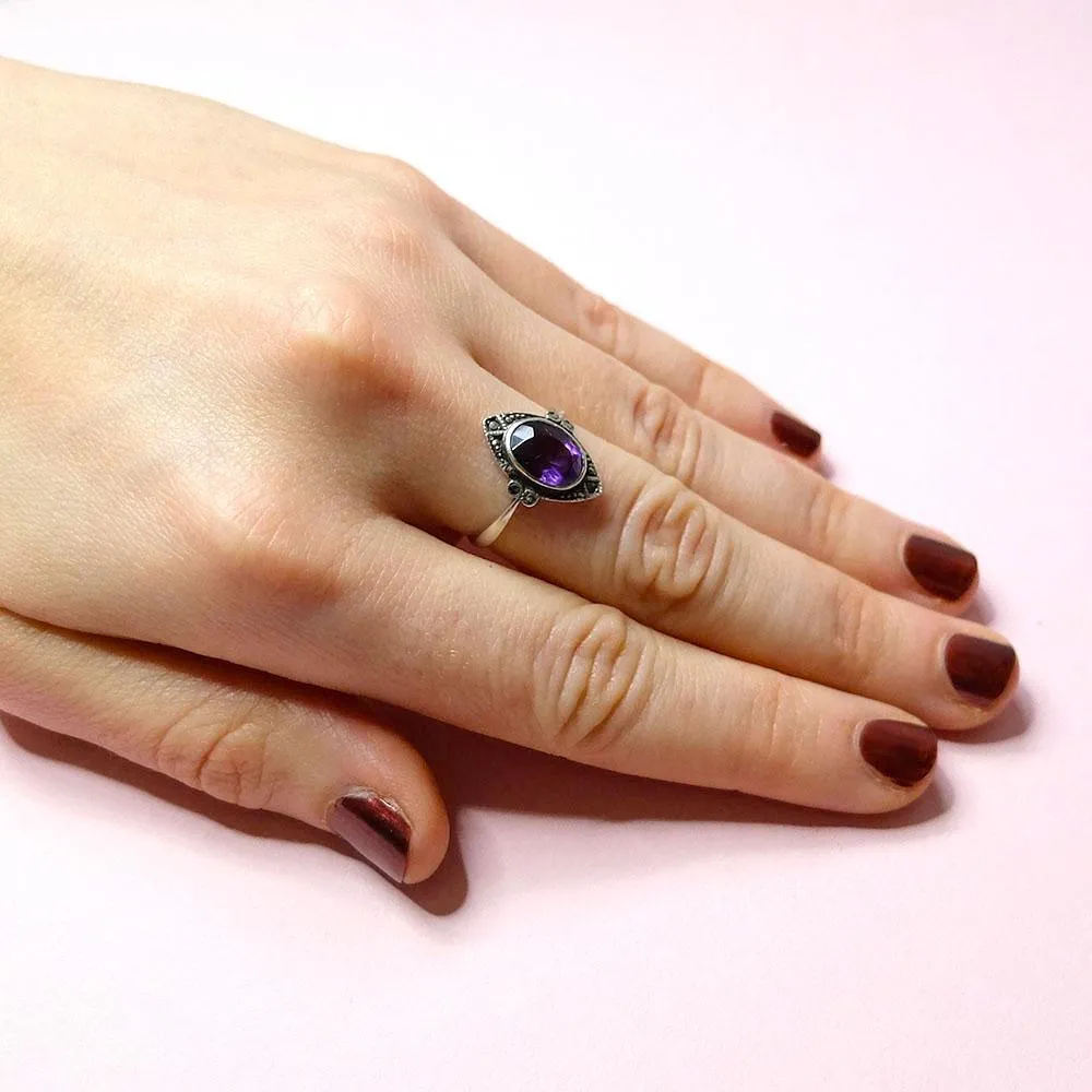 Art Deco Amethyst Marcasite Silver Ring