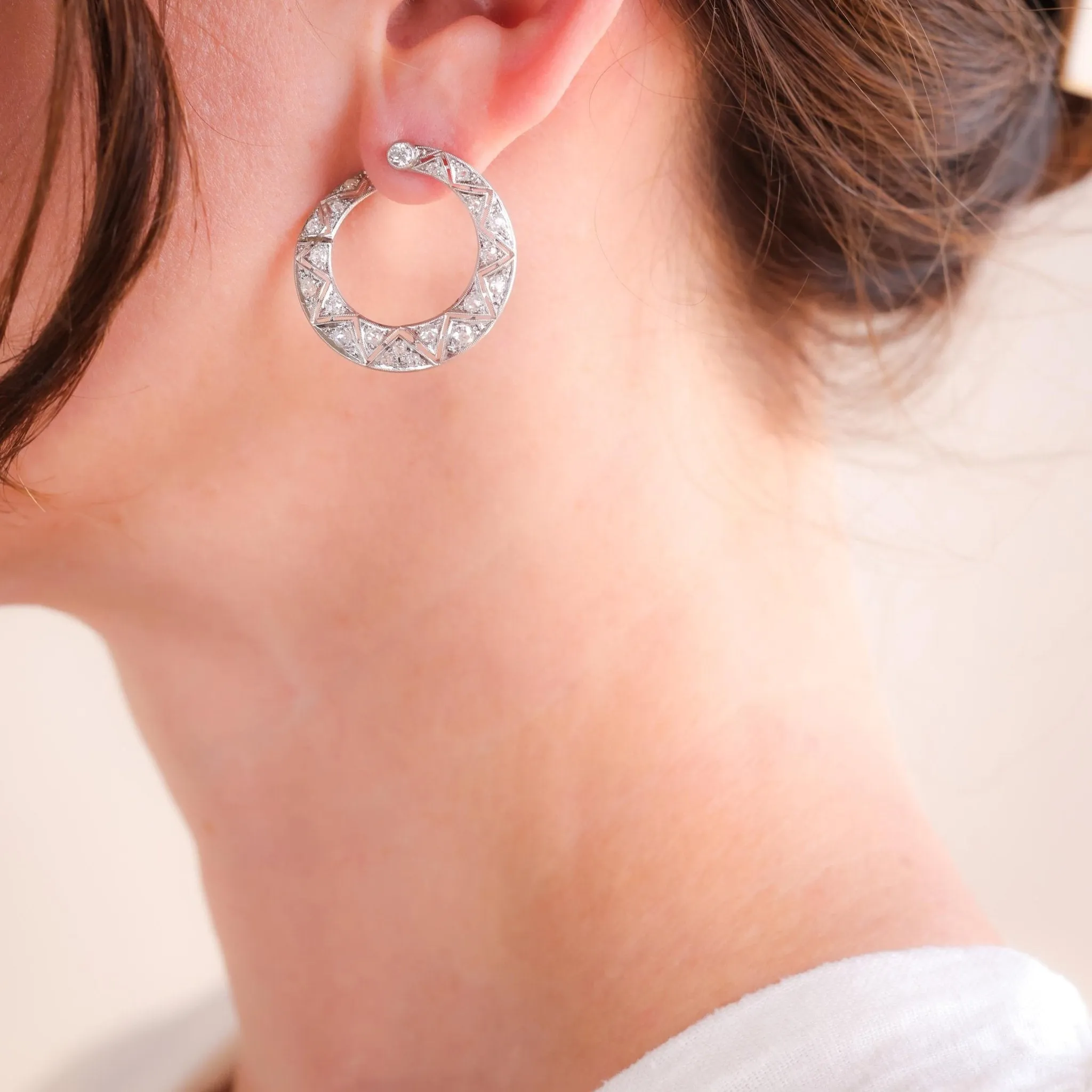 Art Deco Diamond Platinum and 18K Yellow Gold Hoop Earrings