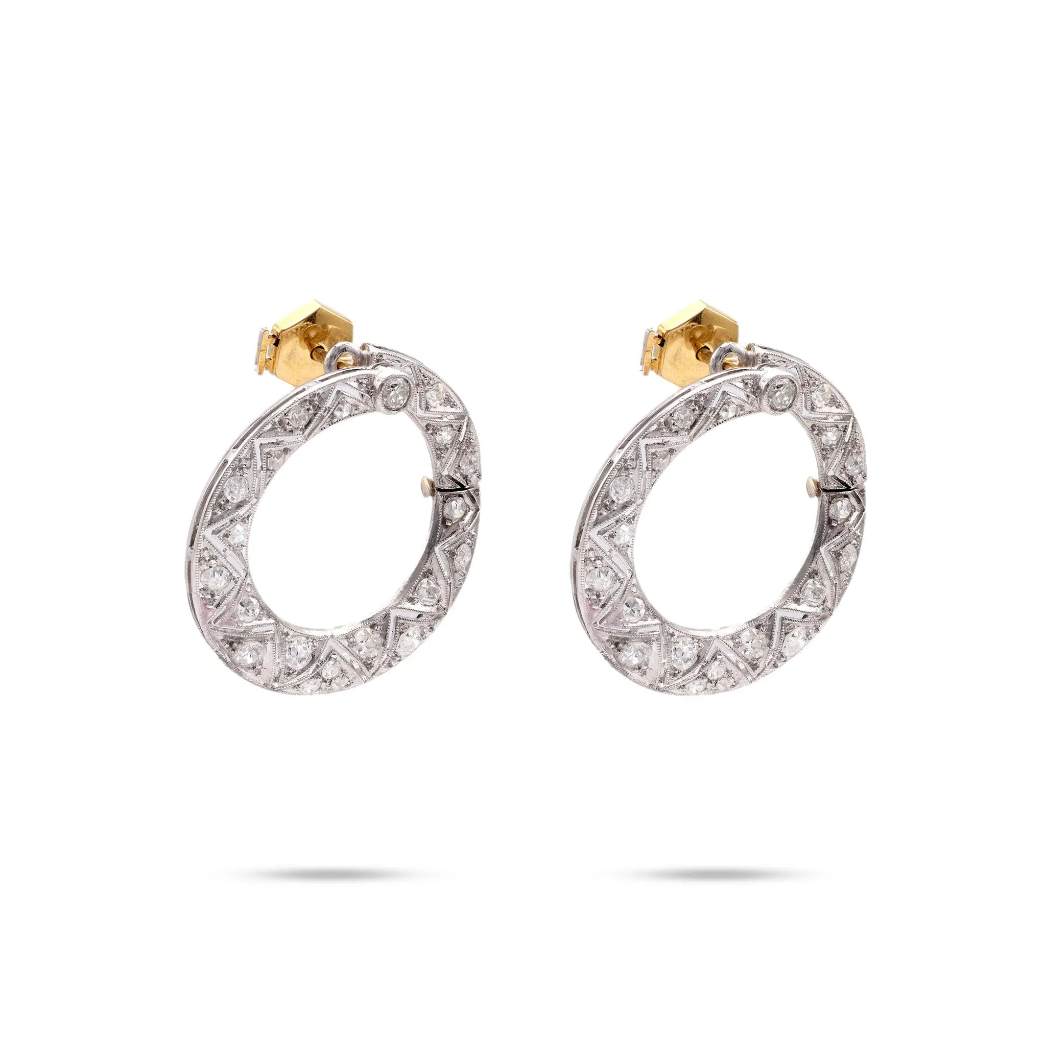 Art Deco Diamond Platinum and 18K Yellow Gold Hoop Earrings