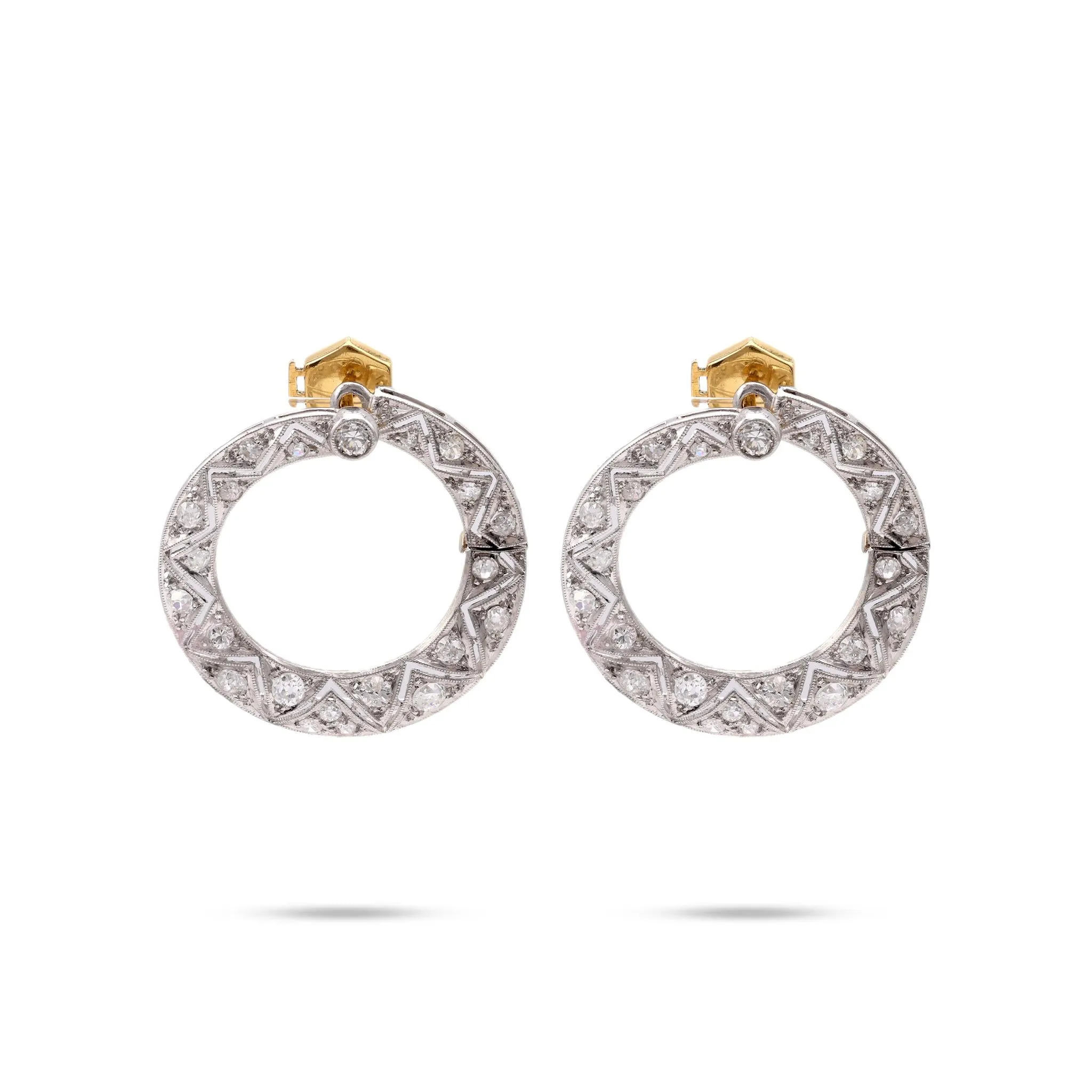 Art Deco Diamond Platinum and 18K Yellow Gold Hoop Earrings