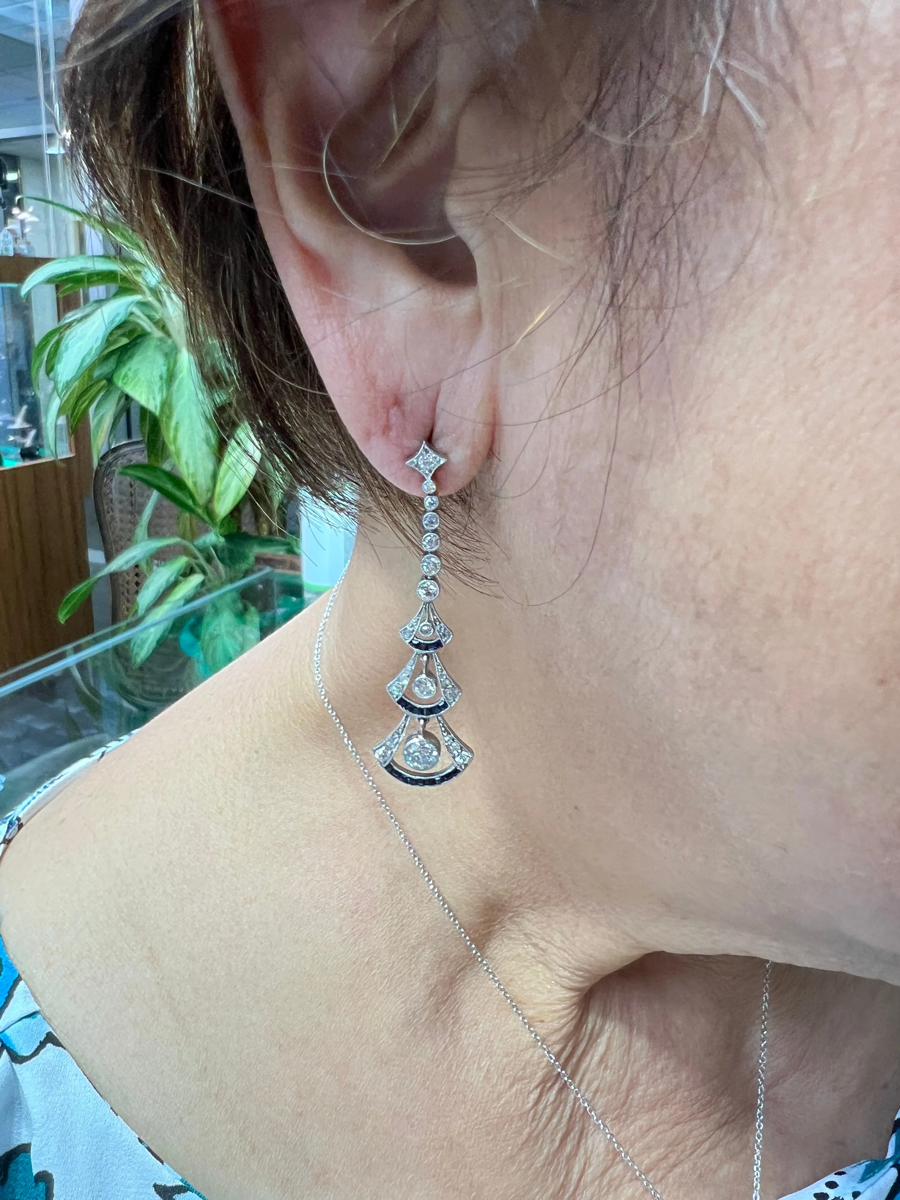 Art Deco Diamond Sapphire Platinum Dangling Earrings