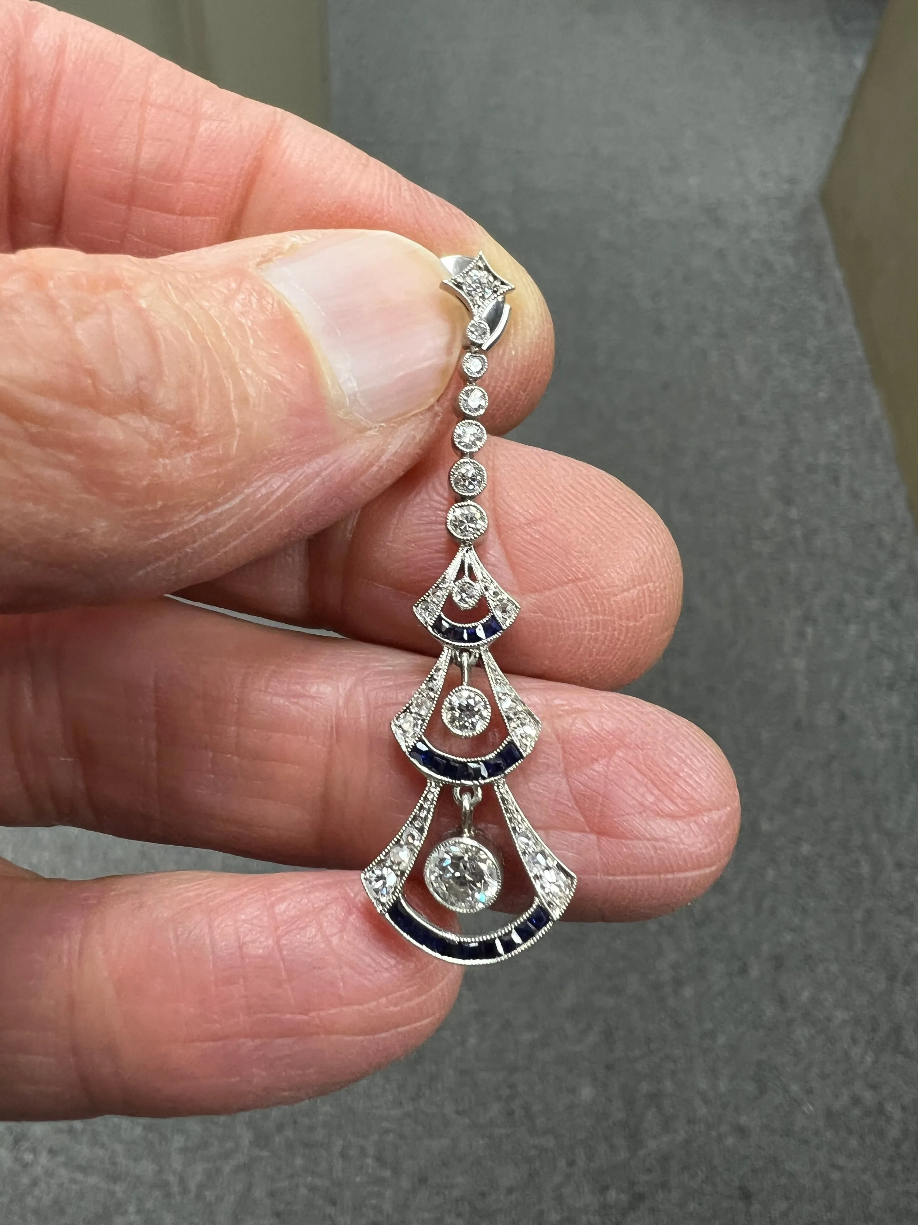 Art Deco Diamond Sapphire Platinum Dangling Earrings