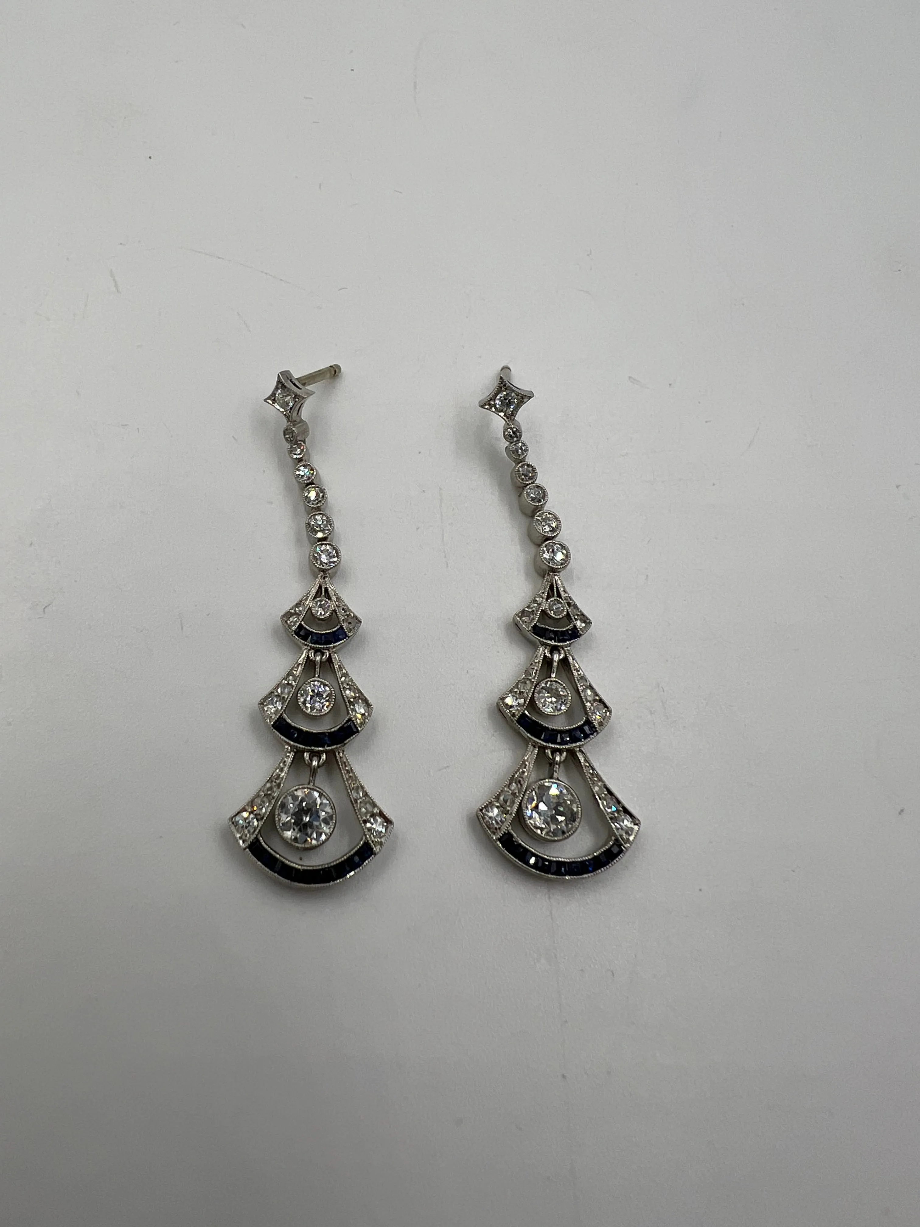 Art Deco Diamond Sapphire Platinum Dangling Earrings