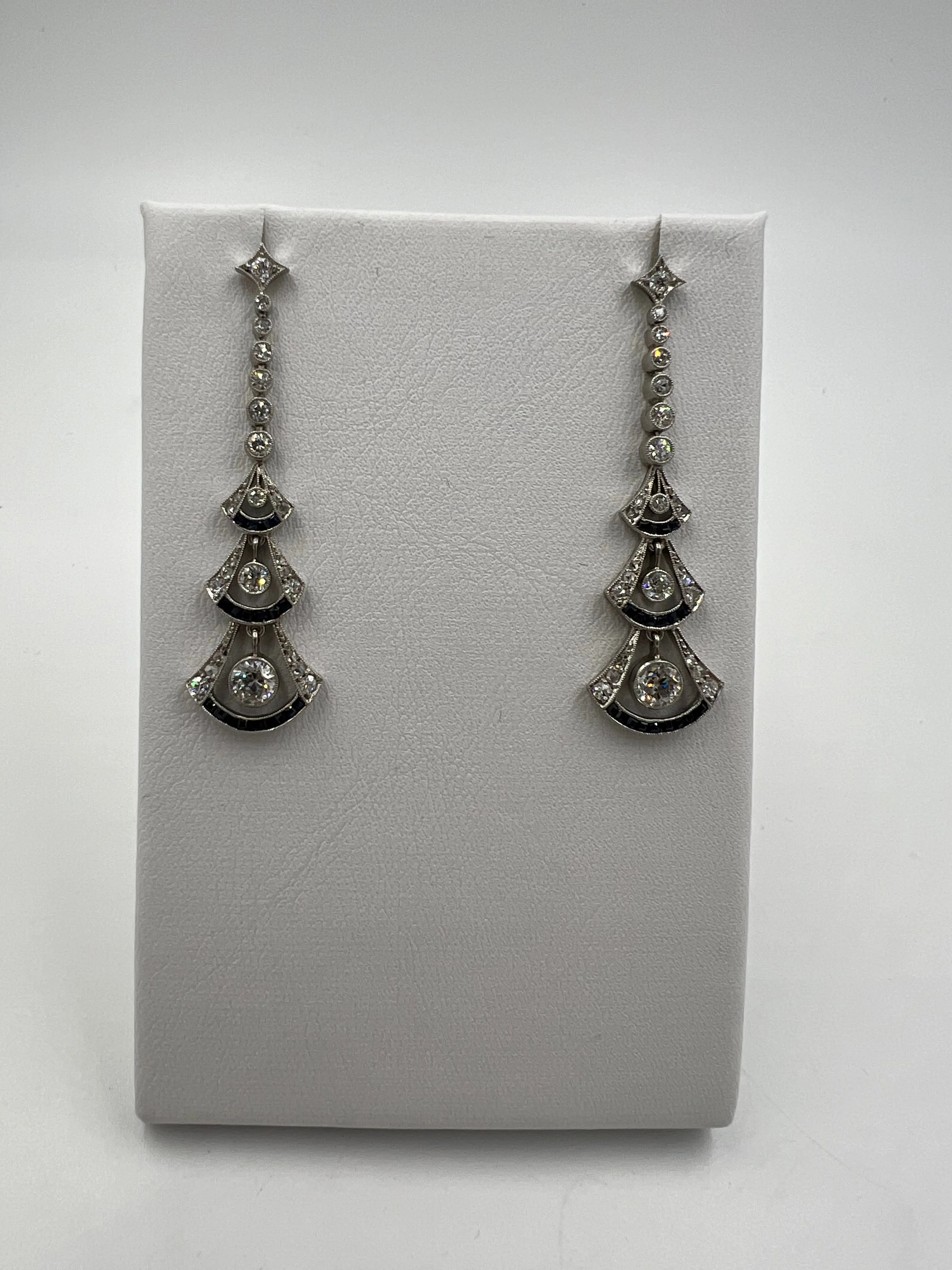 Art Deco Diamond Sapphire Platinum Dangling Earrings
