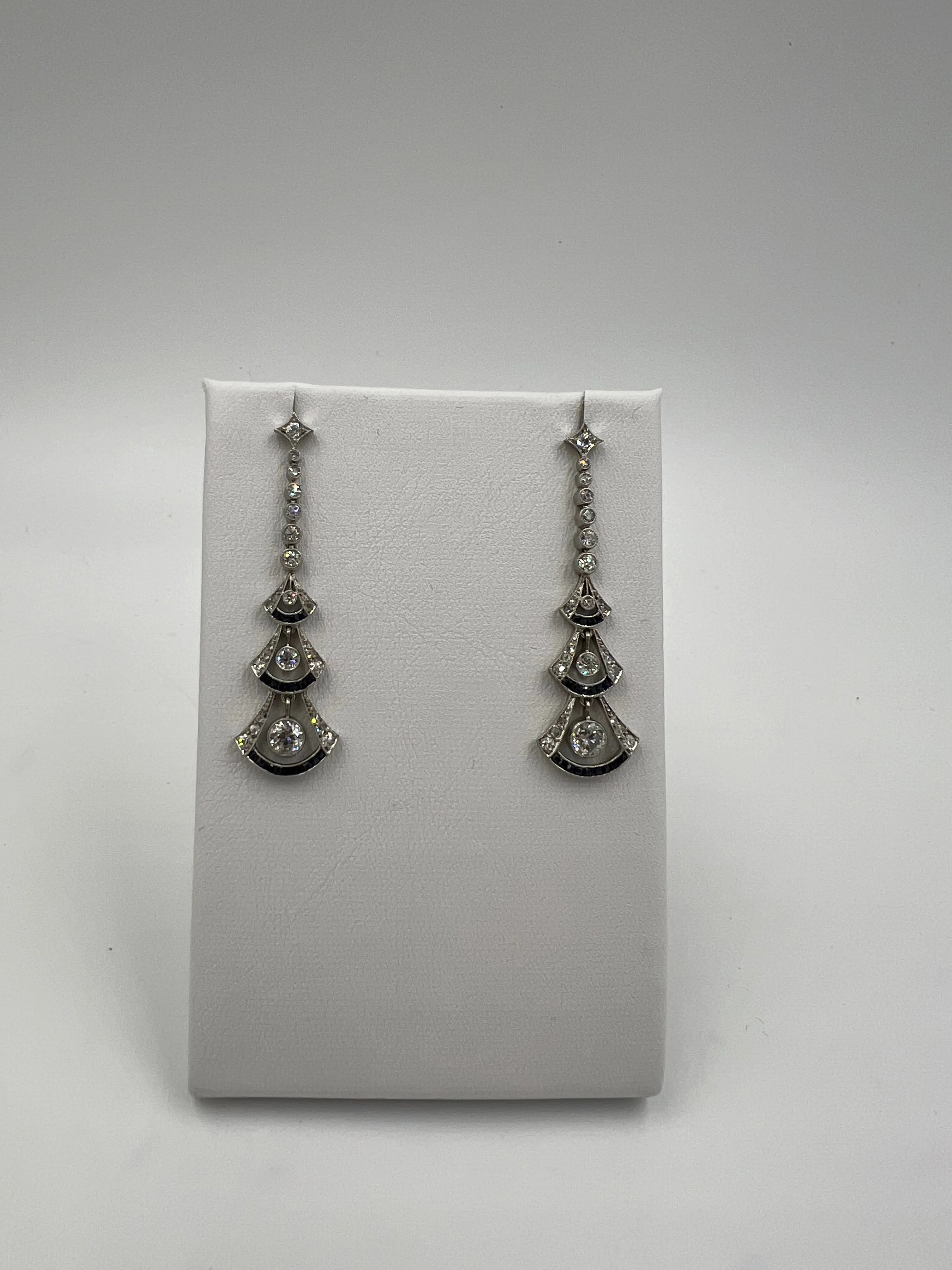 Art Deco Diamond Sapphire Platinum Dangling Earrings