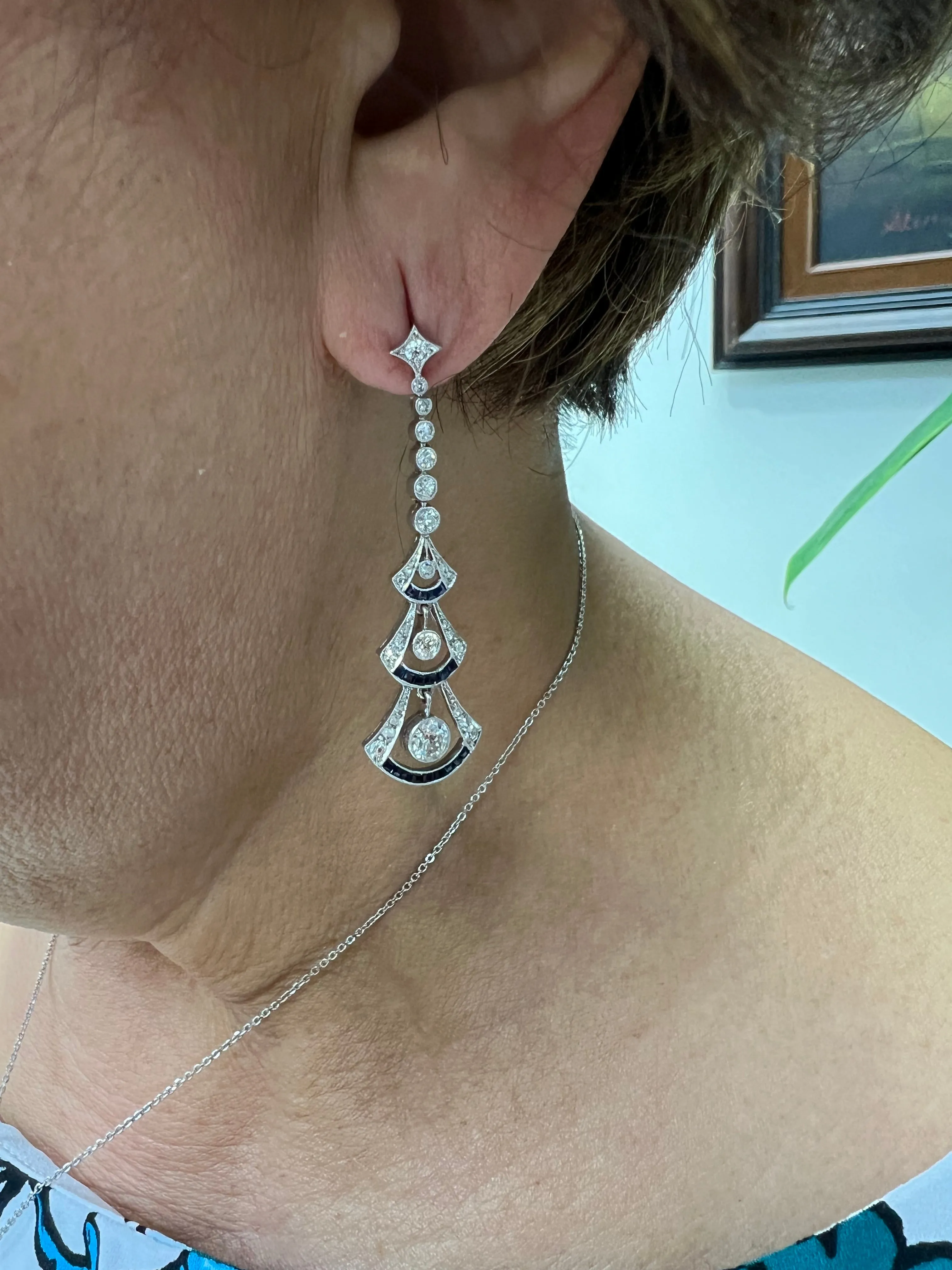 Art Deco Diamond Sapphire Platinum Dangling Earrings
