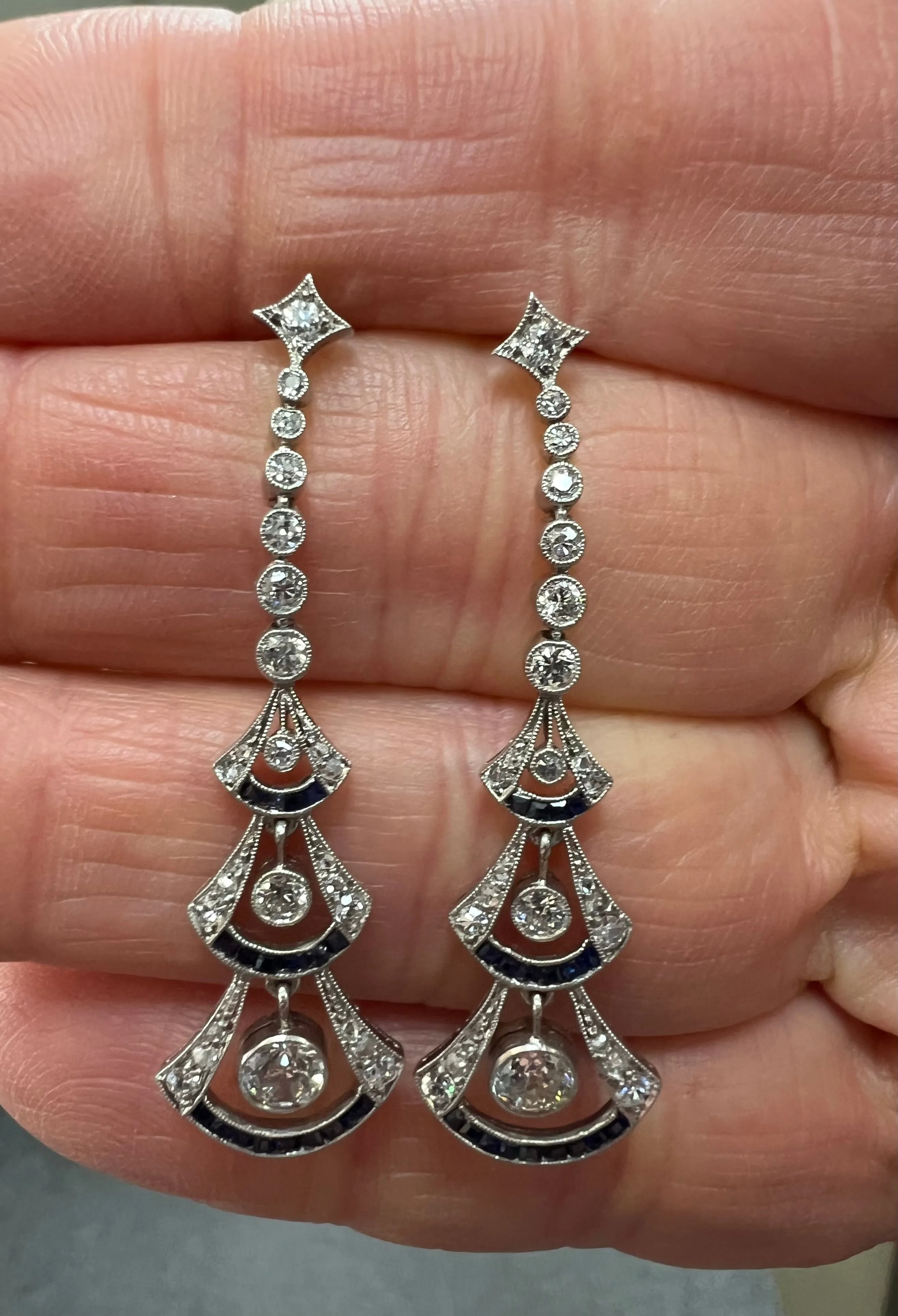 Art Deco Diamond Sapphire Platinum Dangling Earrings