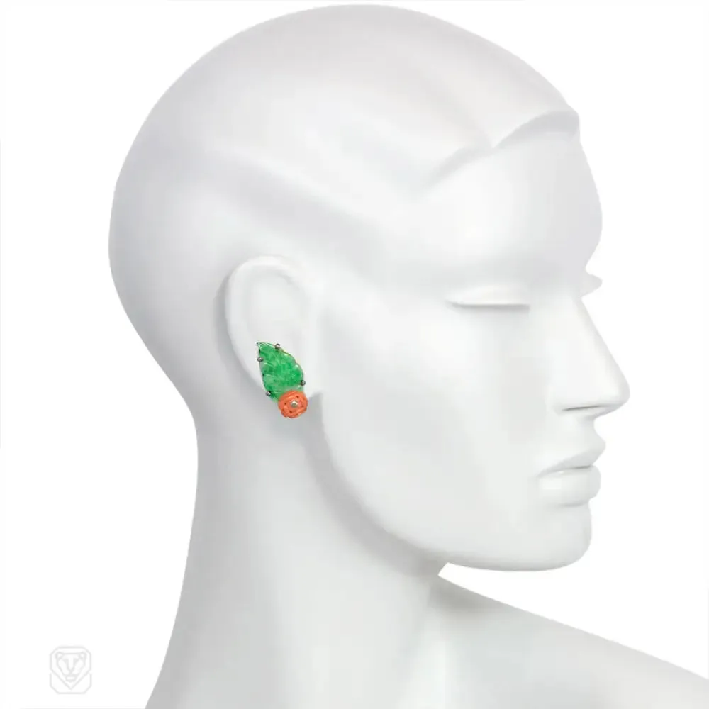 Art Deco jade and coral clip earrings