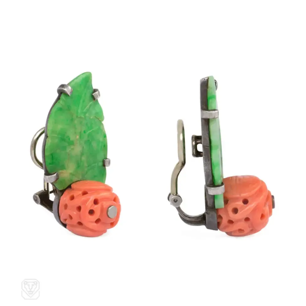 Art Deco jade and coral clip earrings