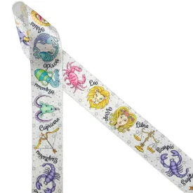 Astrology ribbon Zodiac Signs on a gray background with stars and sun printed on 1.5" white single face satin