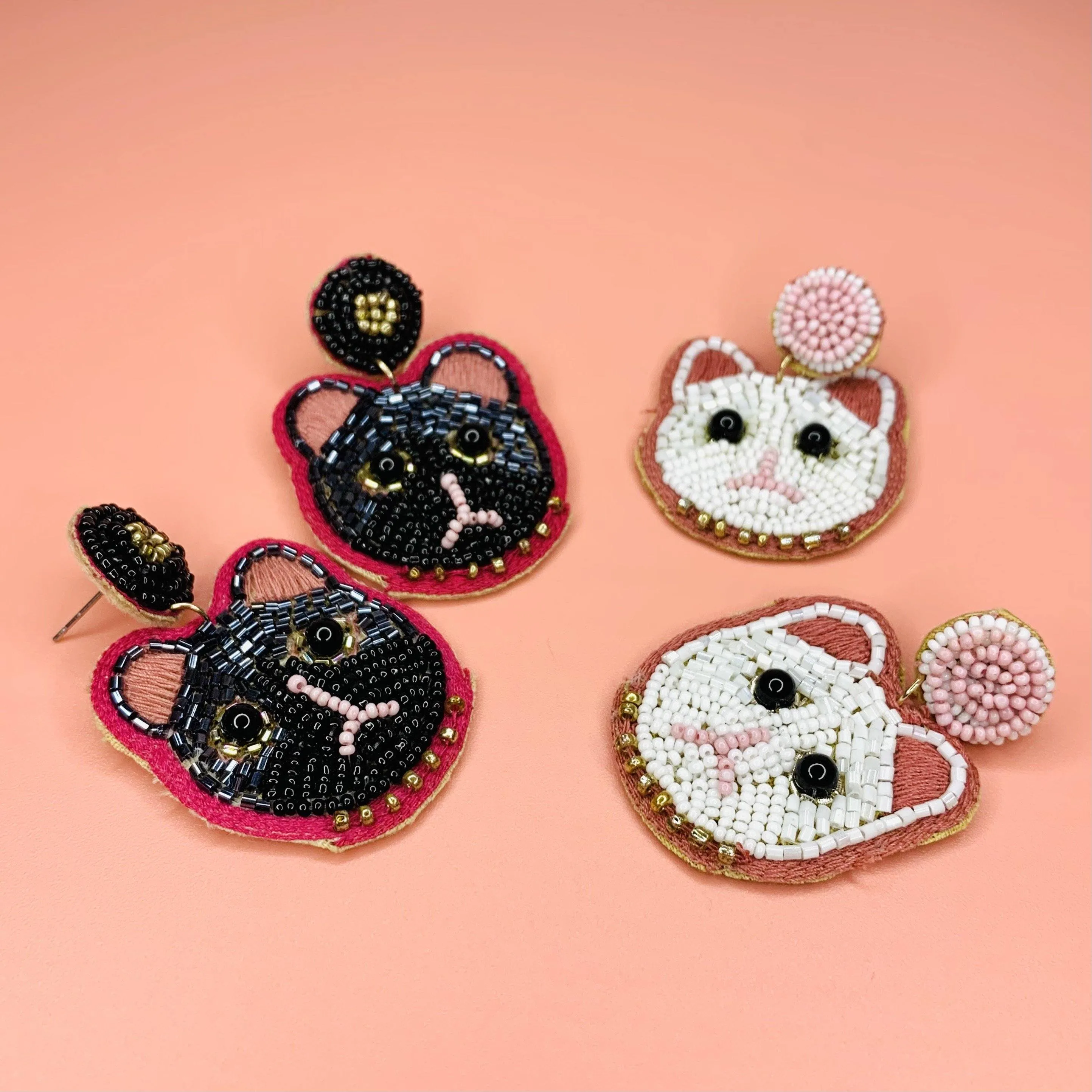Beaded Earring, White Cat