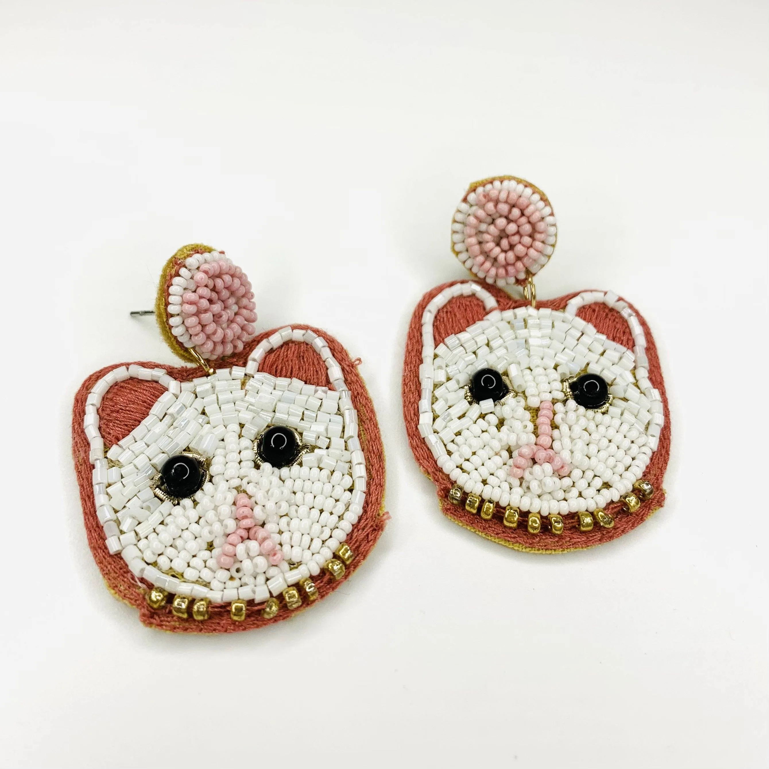 Beaded Earring, White Cat