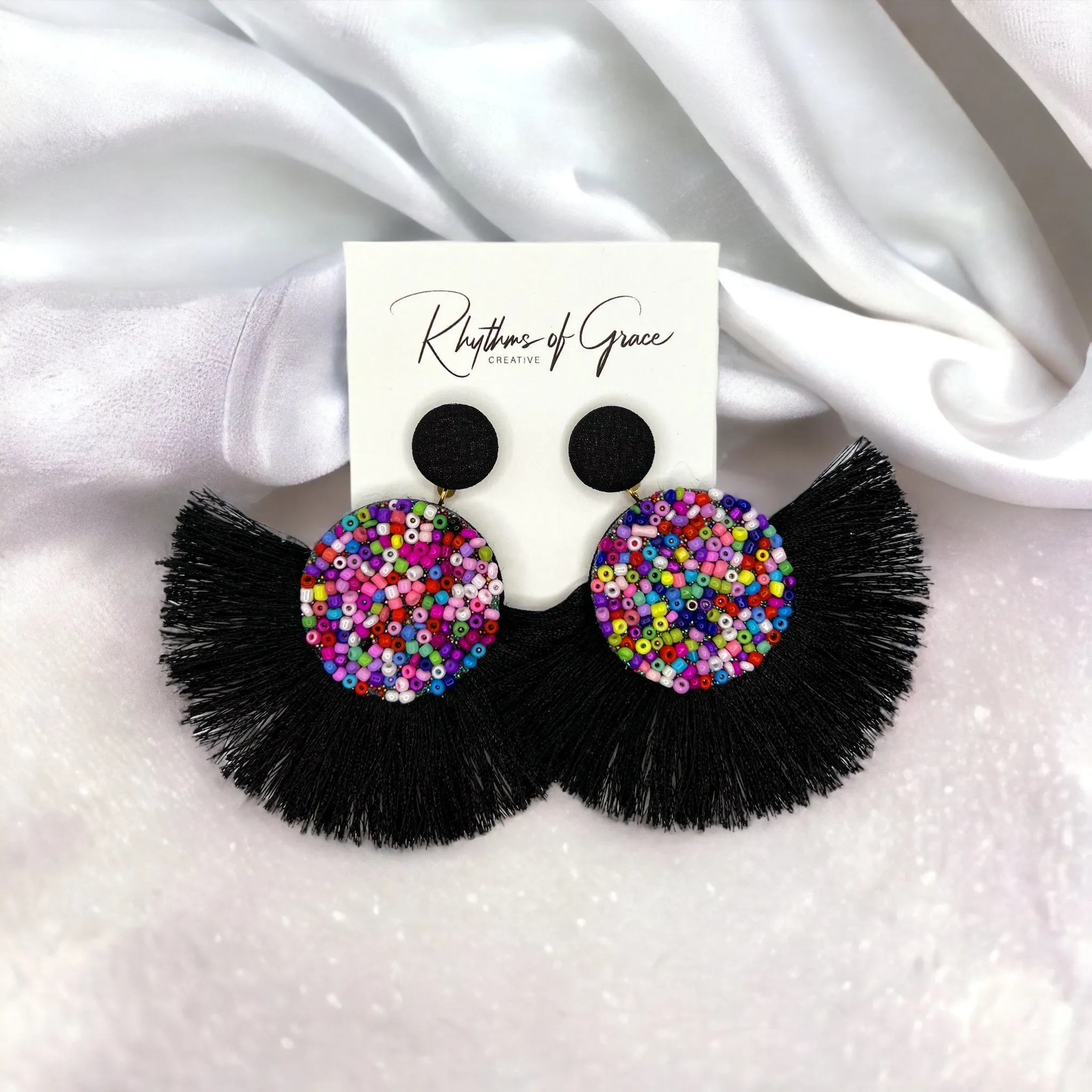 Beaded Tassel Earrings - Beaded Earrings, Beaded Accessories, Black Earrings, Rainbow Earrings