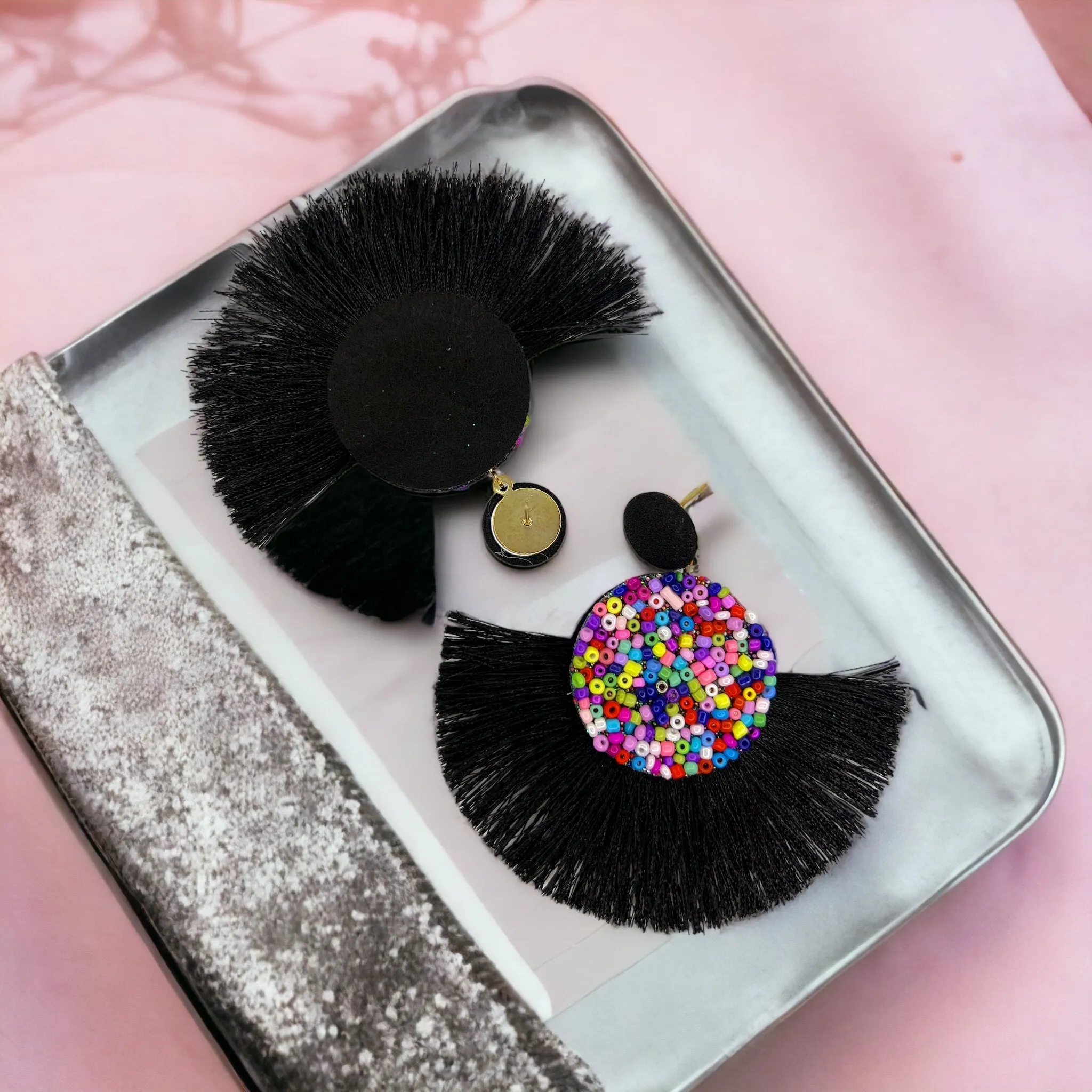 Beaded Tassel Earrings - Beaded Earrings, Beaded Accessories, Black Earrings, Rainbow Earrings