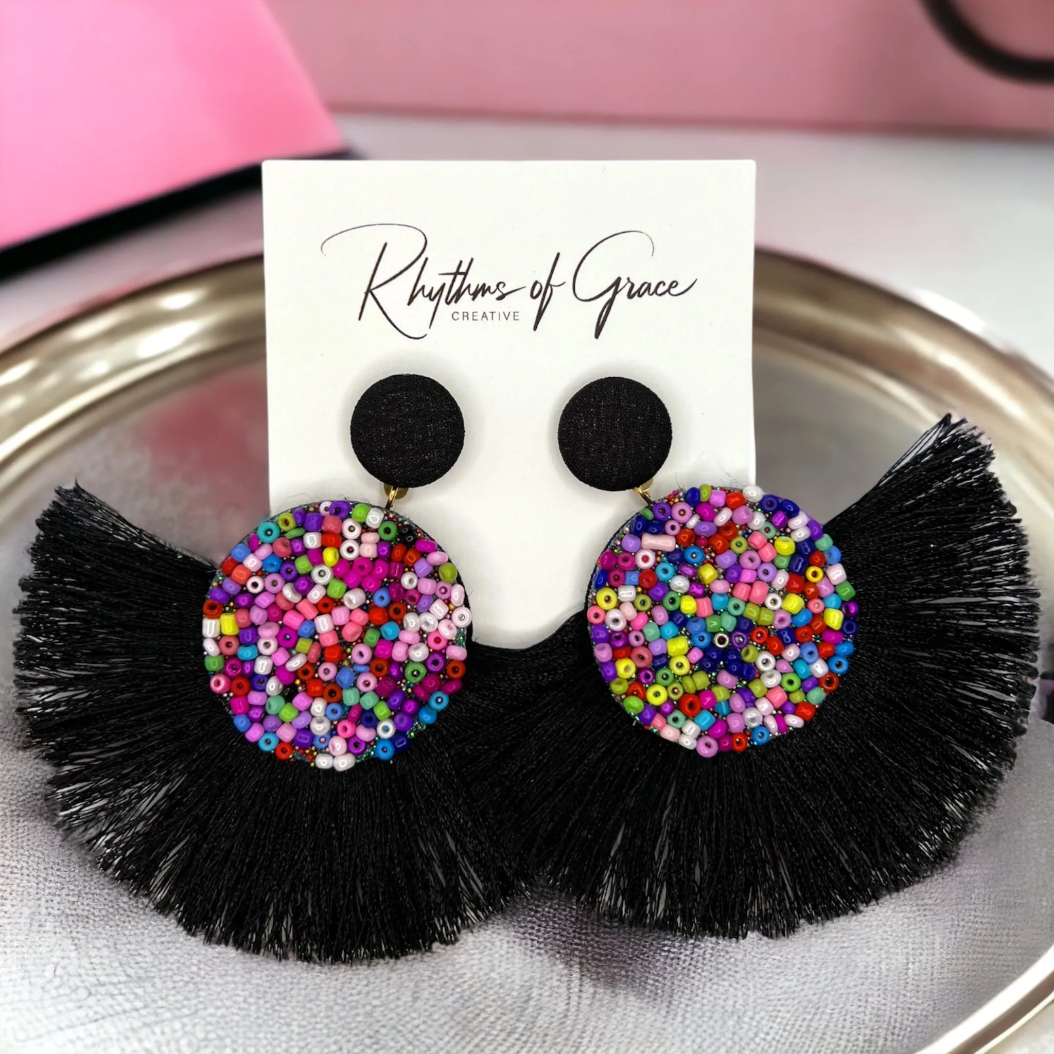 Beaded Tassel Earrings - Beaded Earrings, Beaded Accessories, Black Earrings, Rainbow Earrings