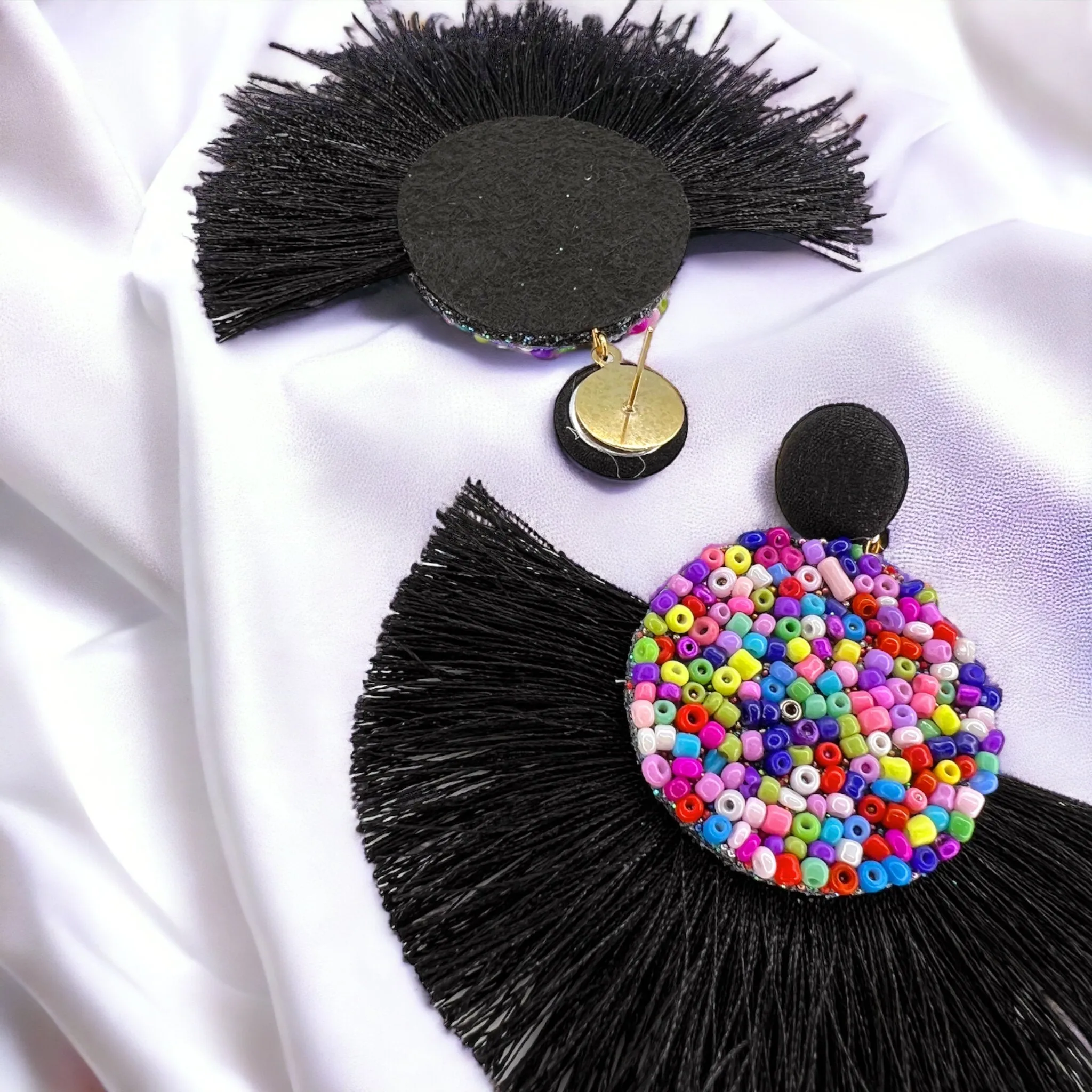 Beaded Tassel Earrings - Beaded Earrings, Beaded Accessories, Black Earrings, Rainbow Earrings