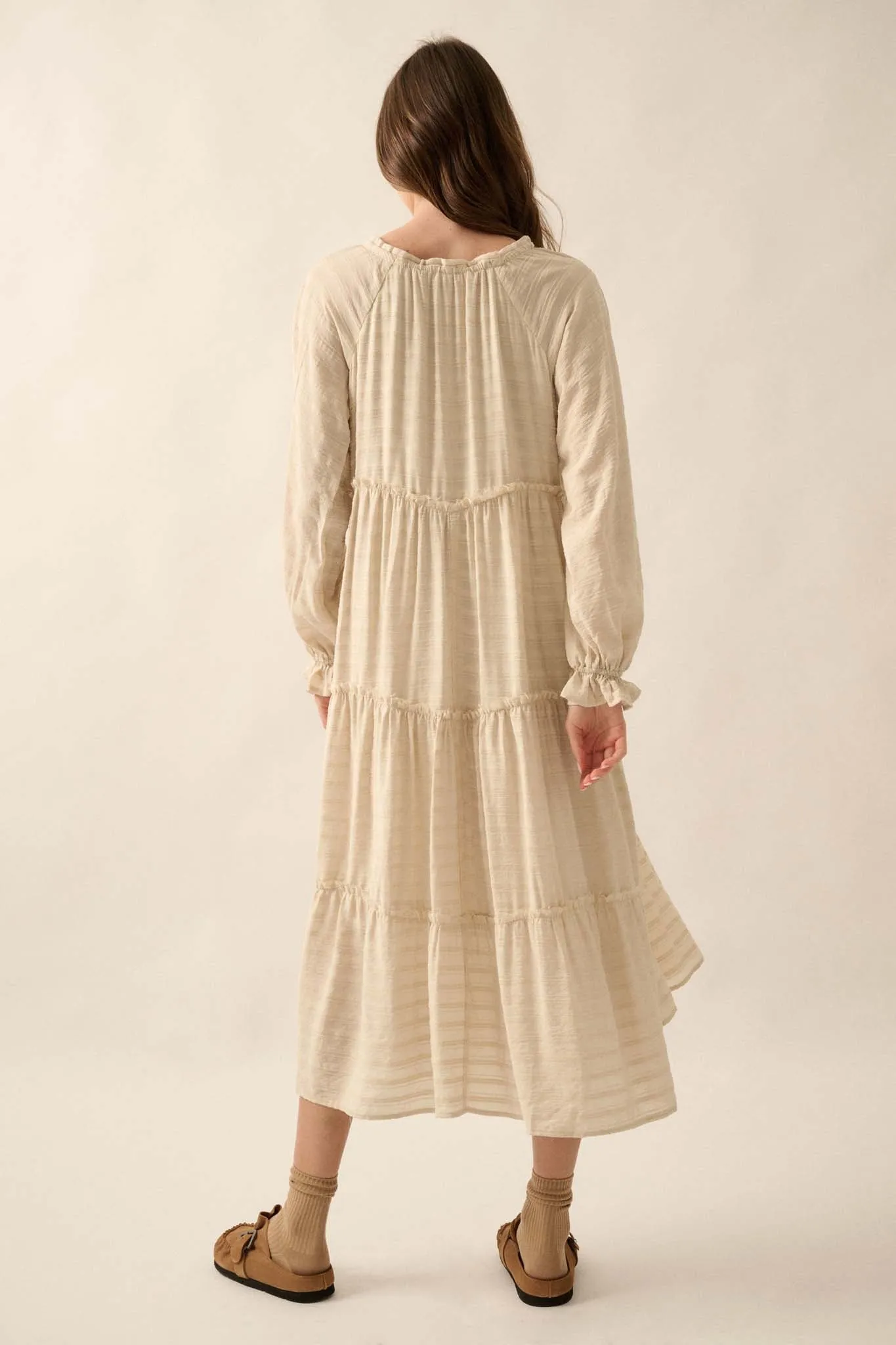 Begin Again Tiered Tonal-Stripe Midi Prairie Dress