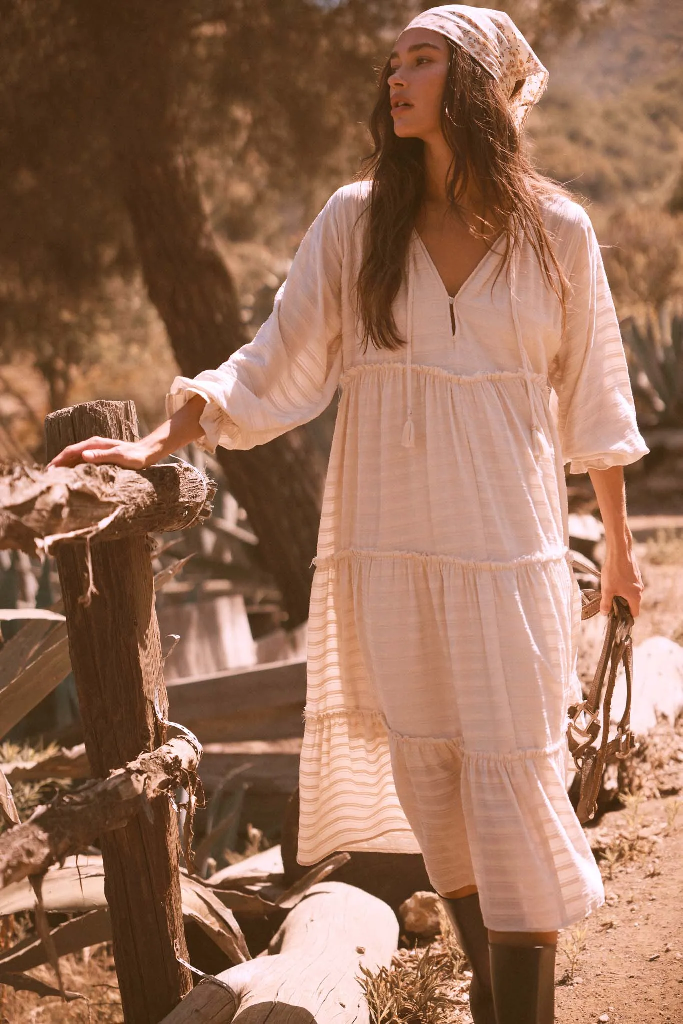 Begin Again Tiered Tonal-Stripe Midi Prairie Dress